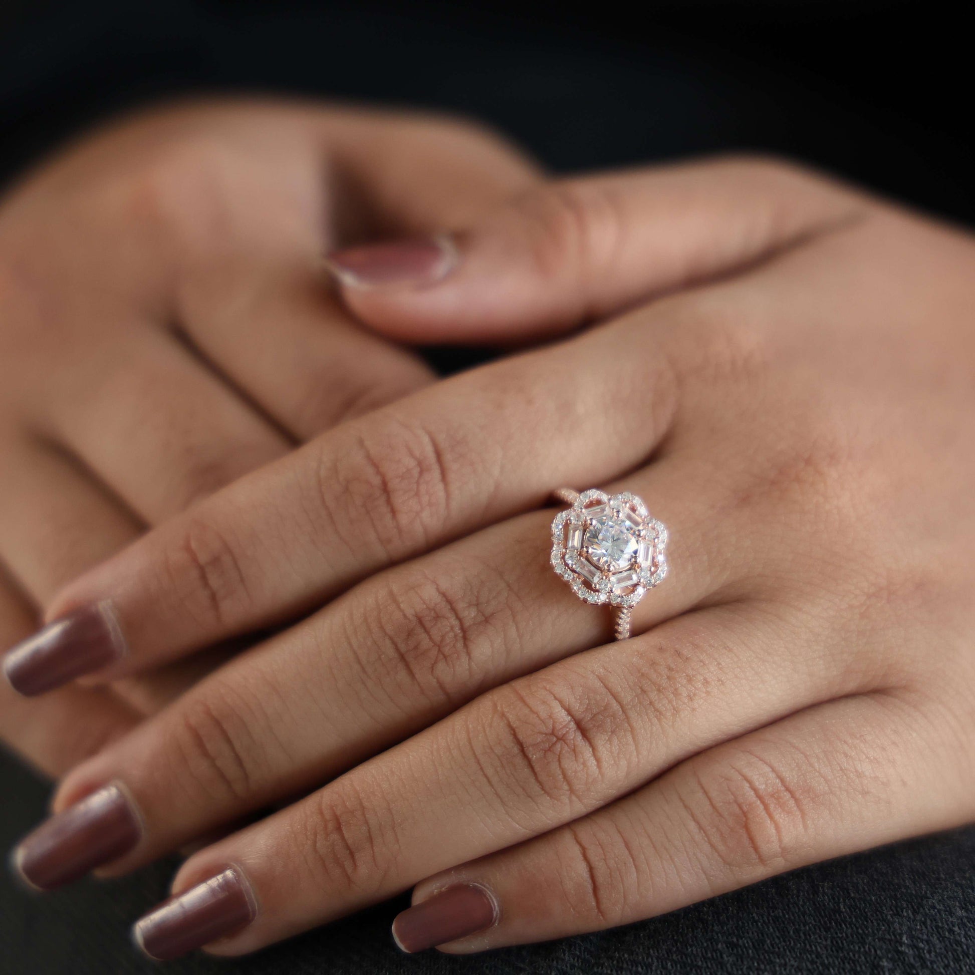 Classic Double Halo Floral Engagement Ring 14K Solid Gold, 0.84 CT Round Cut Lab Created Diamonds, Romantic Gift For Love