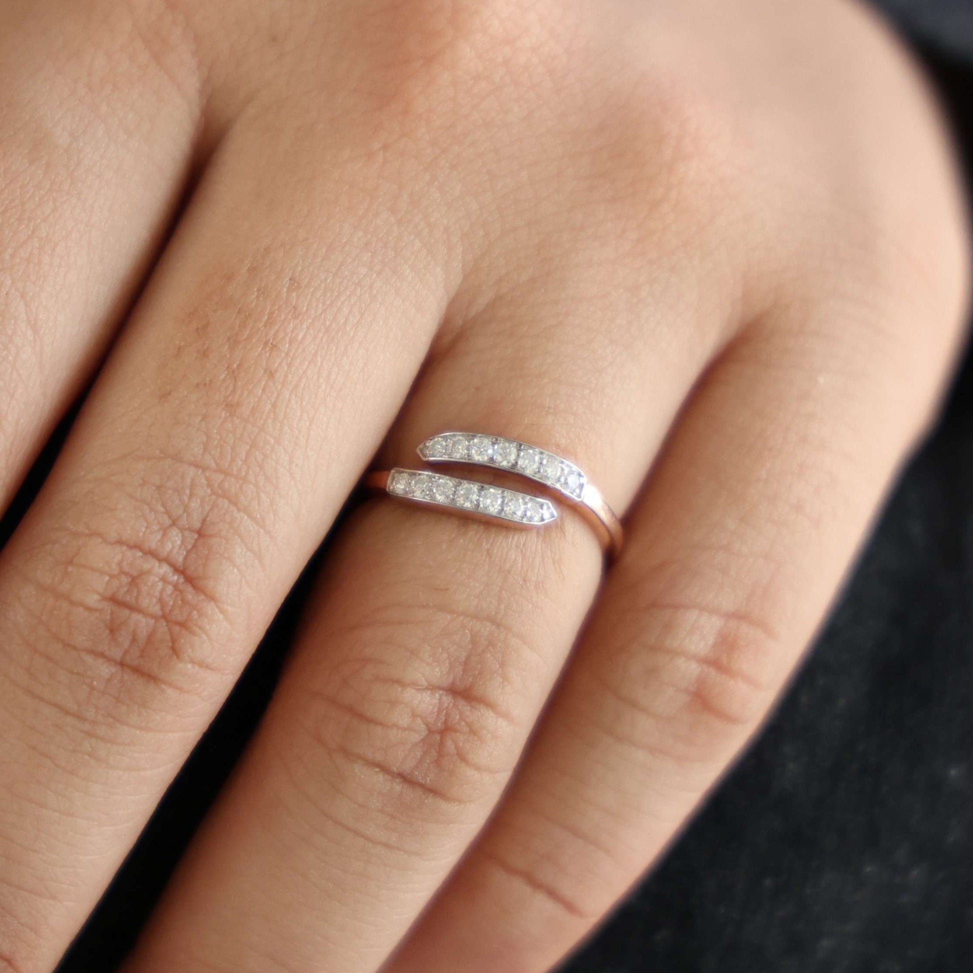 Unique Modern Bypass Pave Engagement Ring in 14K Solid Gold, 0.21 TCW Round Cut Lab Diamonds, Everyday Bridal Jewelry, Special Gift For Her