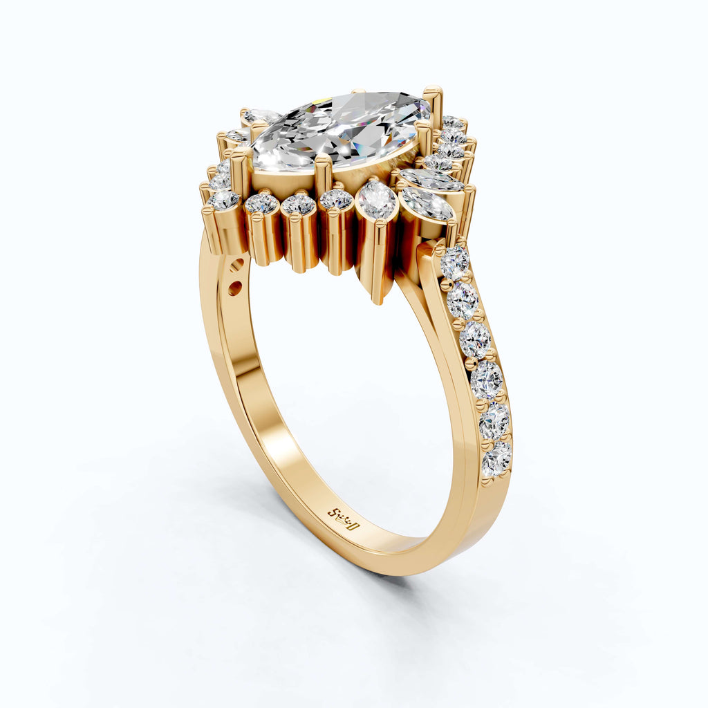 Art Deco Marquise Cluster Engagement Ring in 14k Solid Gold, 1.49 TCW Marquise/Round Cut Lab Created Diamonds, Anniversary Gift For Wife, Daily Wear Jewelry