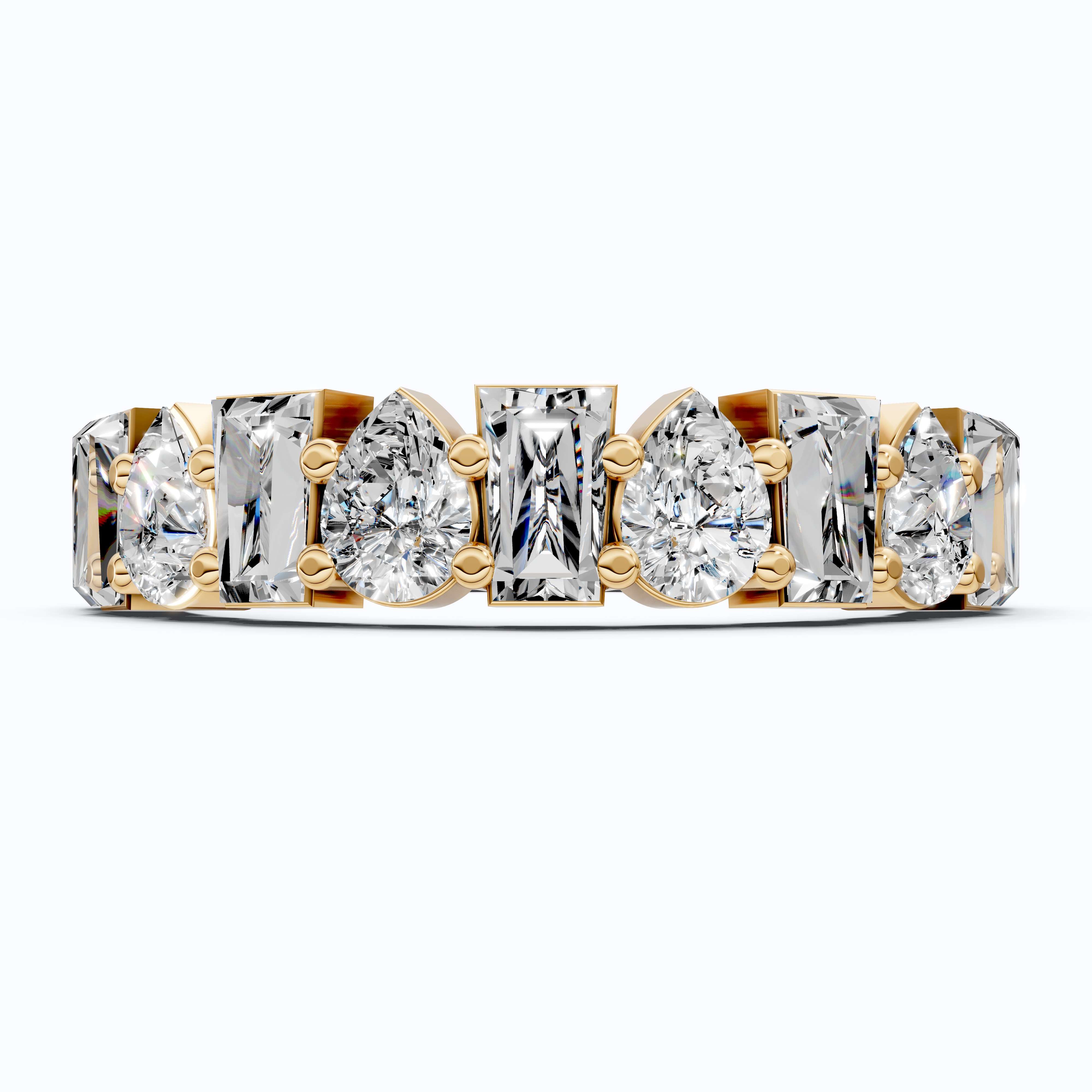 Modern Multi Shape Half Eternity Wedding Band in 14k Solid Gold, 1.47 TCW Pear/Baguette Cut Lab Grown Diamonds, Anniversary Gift for Wife, Everyday Band