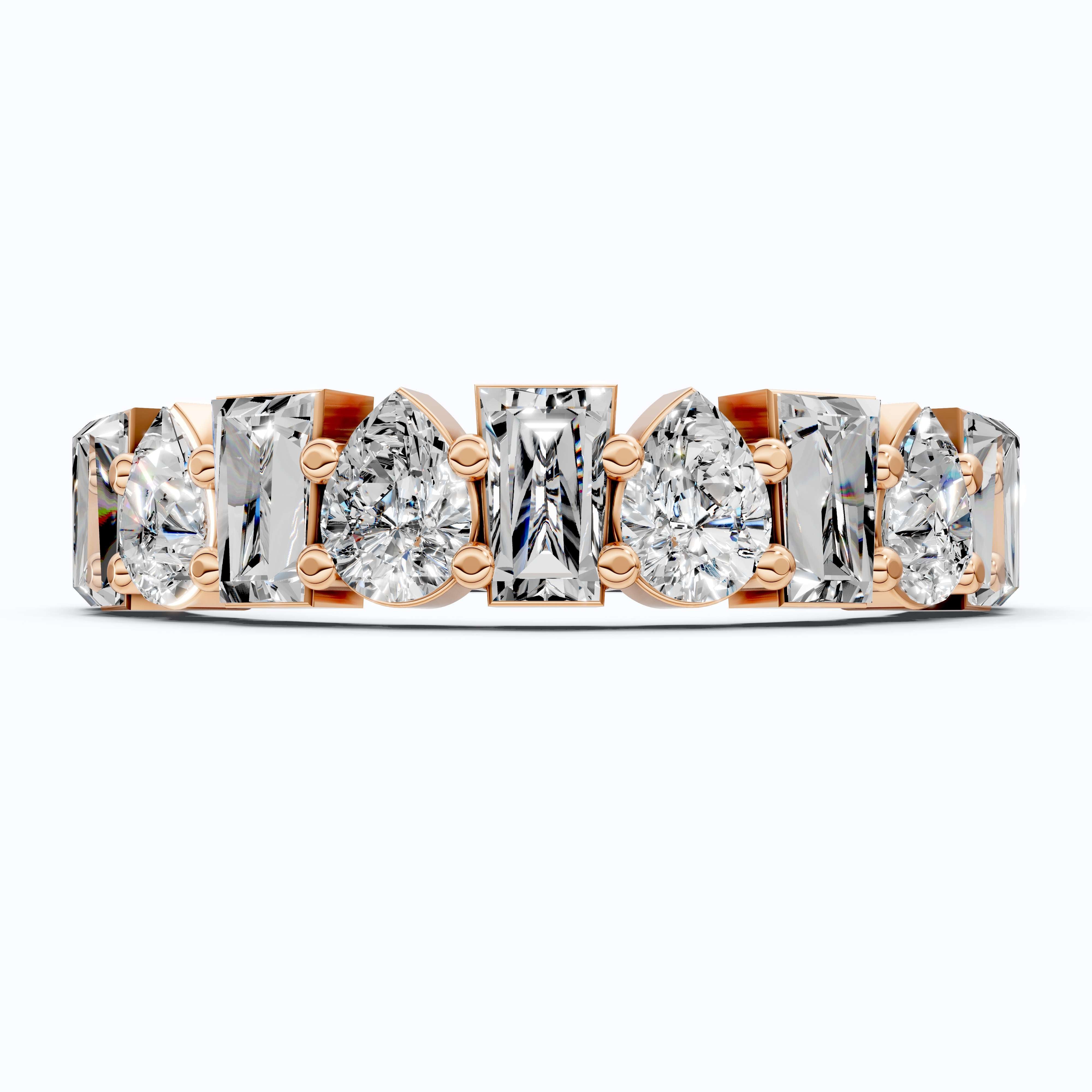Modern Multi Shape Half Eternity Wedding Band in 14k Solid Gold, 1.47 TCW Pear/Baguette Cut Lab Grown Diamonds, Anniversary Gift for Wife, Everyday Band