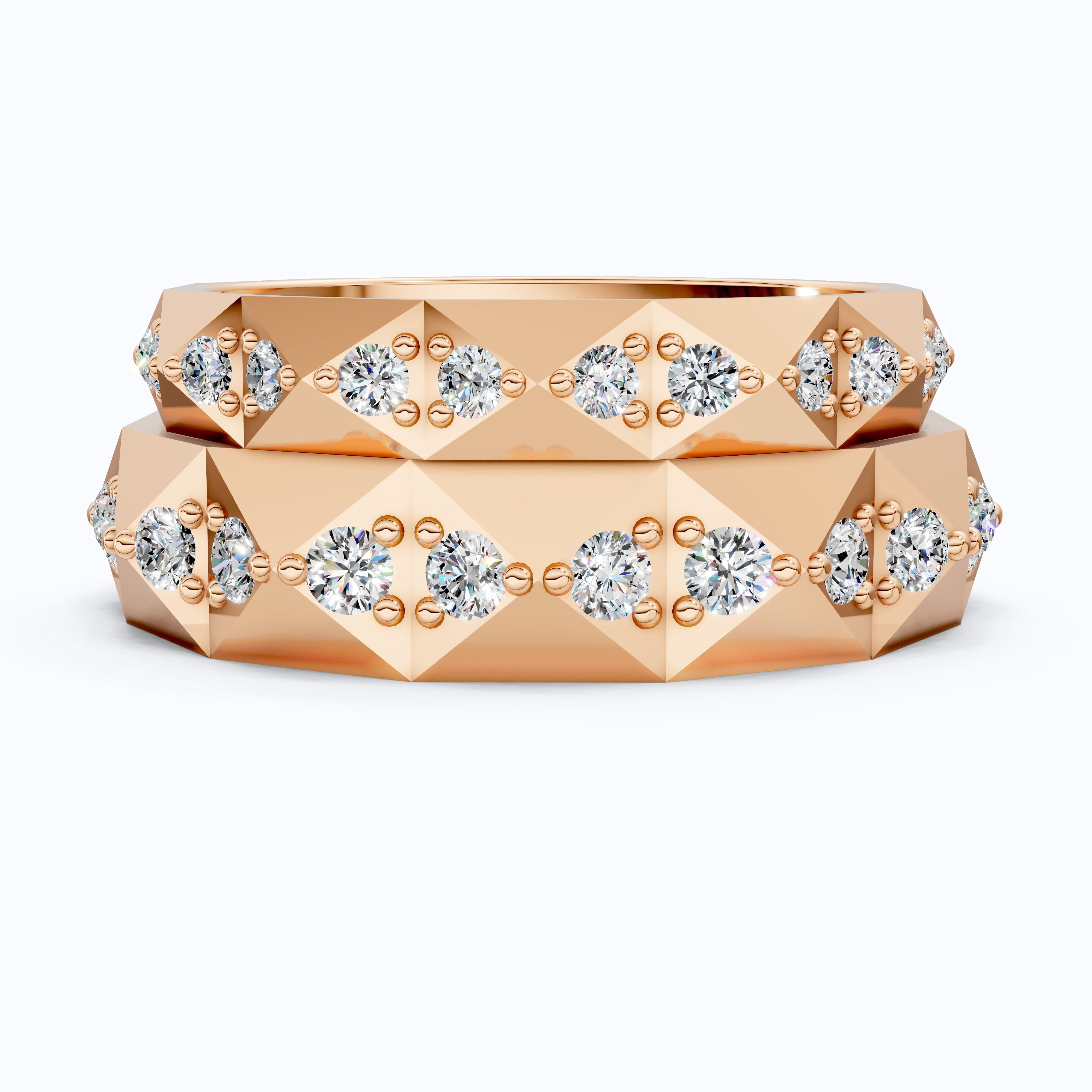 Faceted Geometric Eternity Couple Wedding Ring 14k Solid Gold, 1.27 TCW Round Cut Lab Created Diamonds, Promise Ring, Anniversary Gift for Her