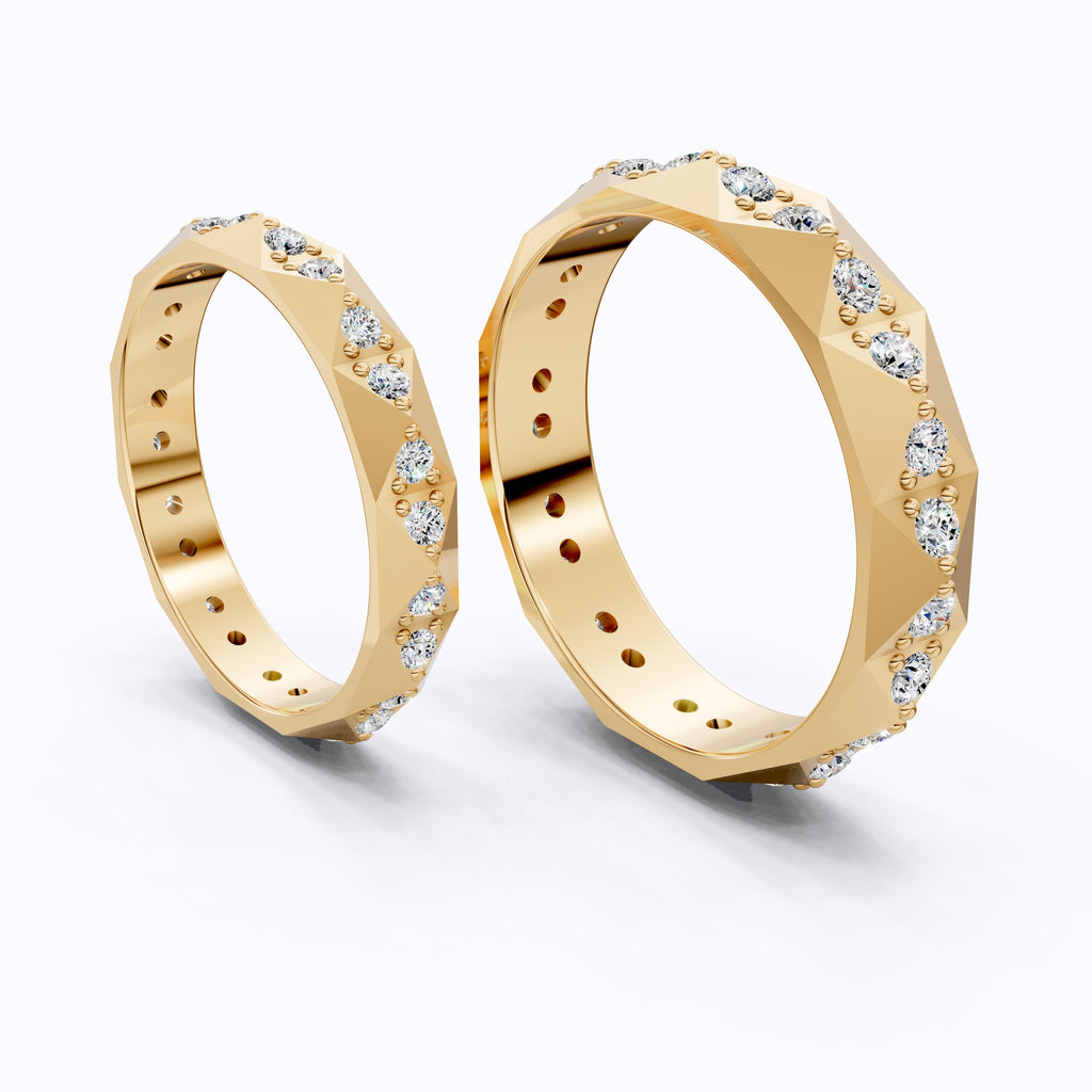 Faceted Geometric Eternity Couple Wedding Ring 14k Solid Gold, 1.27 TCW Round Cut Lab Created Diamonds, Promise Ring, Anniversary Gift for Her