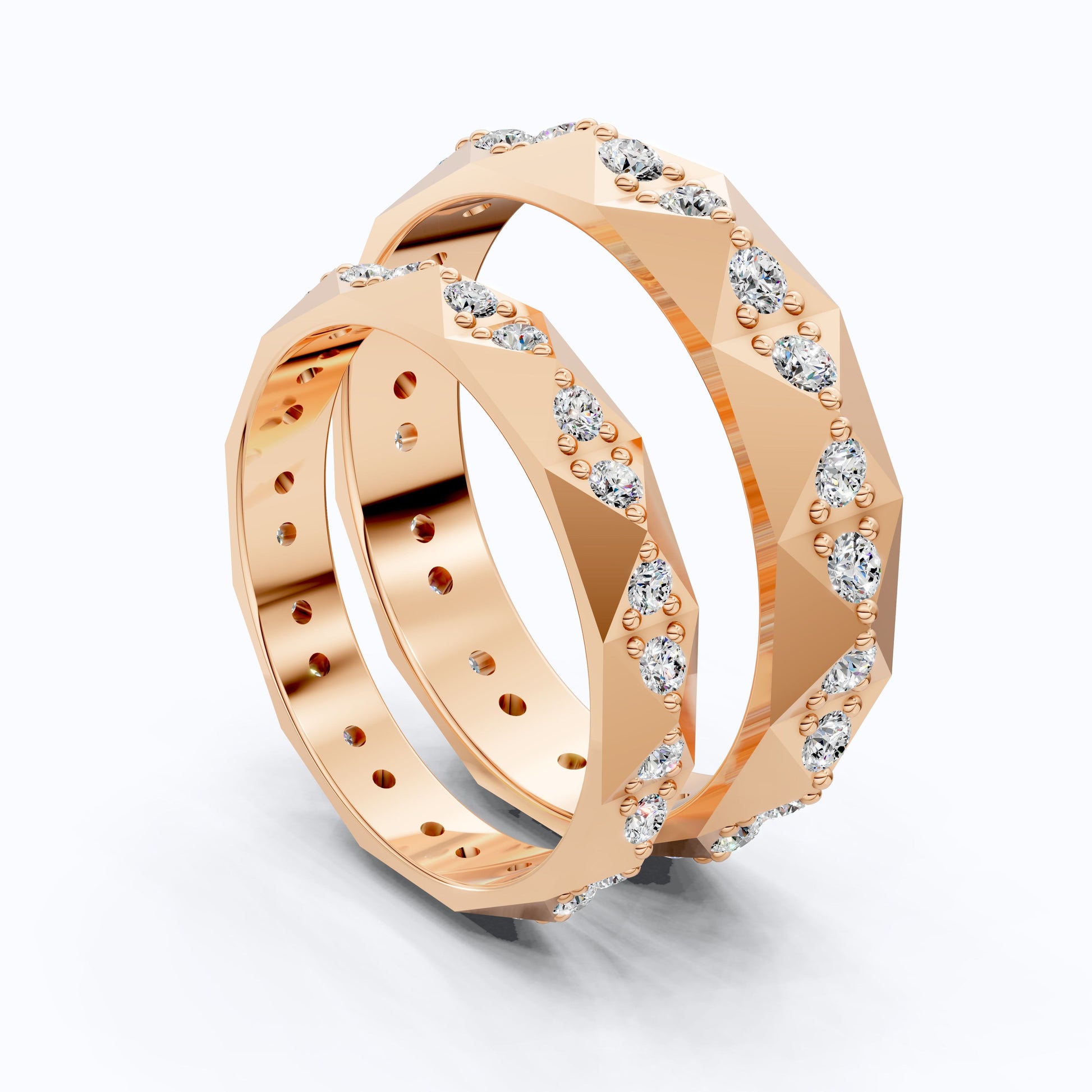 Faceted Geometric Eternity Couple Wedding Ring 14k Solid Gold, 1.27 TCW Round Cut Lab Created Diamonds, Promise Ring, Anniversary Gift for Her