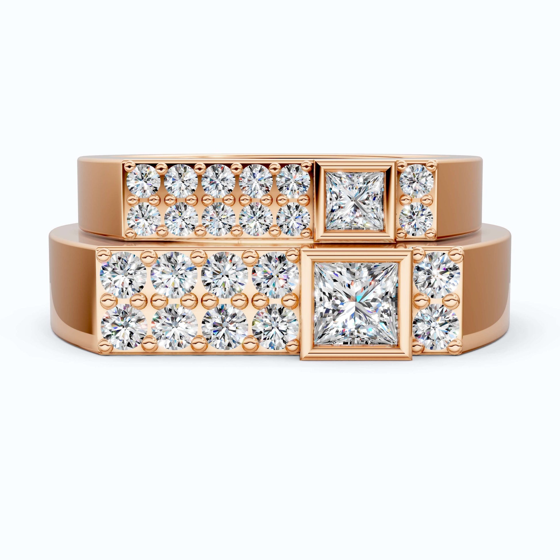 Modern Minimalist Geometric Couple Rings in 14k Rose Gold, 0.96 TCW Princess/Round Cut Lab Diamonds, Promise Rings, Wedding Gift for Couples