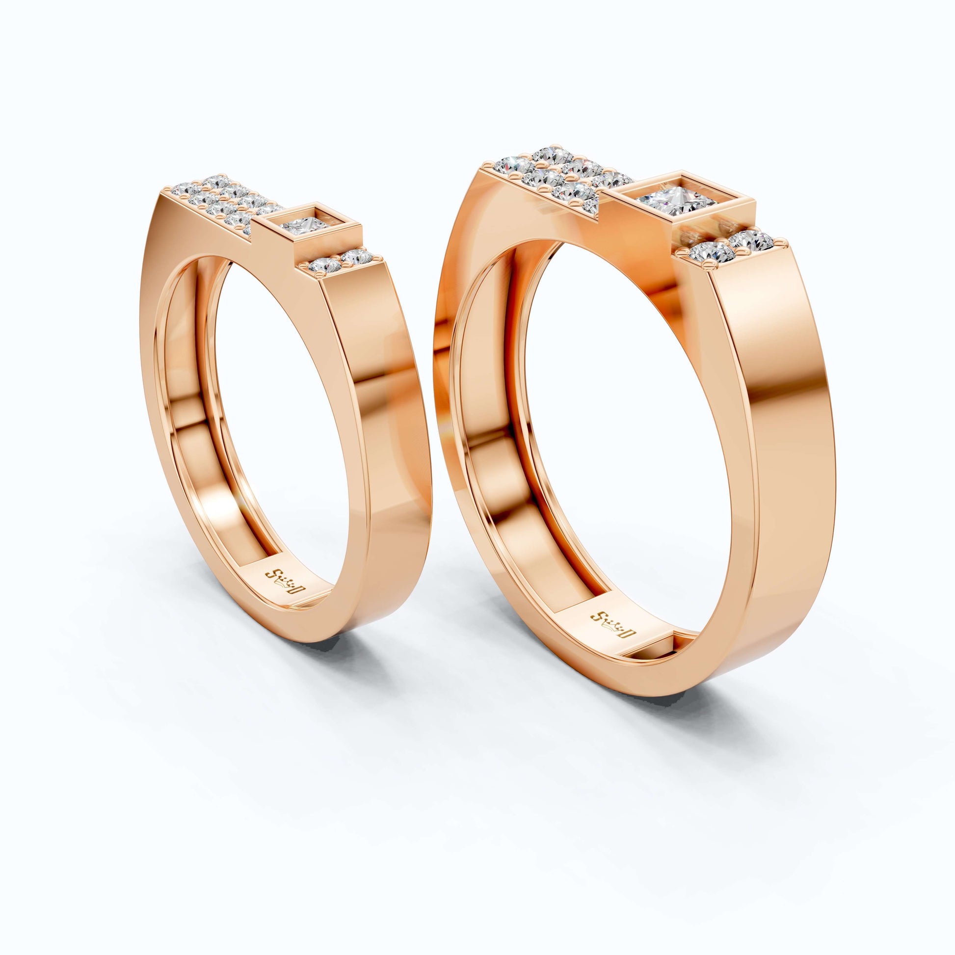 Modern Minimalist Geometric Couple Rings in 14k Rose Gold, 0.96 TCW Princess/Round Cut Lab Diamonds, Promise Rings, Wedding Gift for Couples