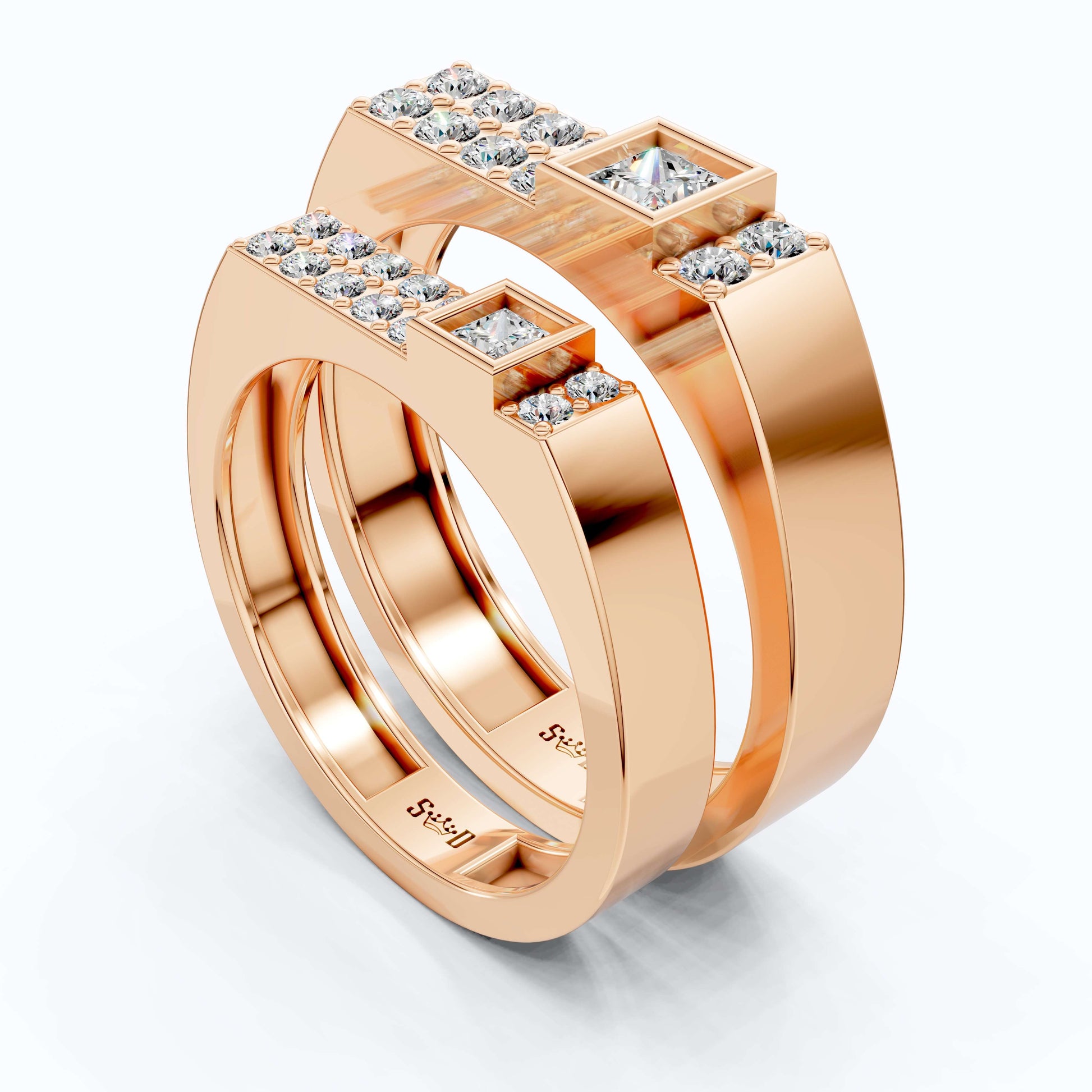 Modern Minimalist Geometric Couple Rings in 14k Rose Gold, 0.96 TCW Princess/Round Cut Lab Diamonds, Promise Rings, Wedding Gift for Couples