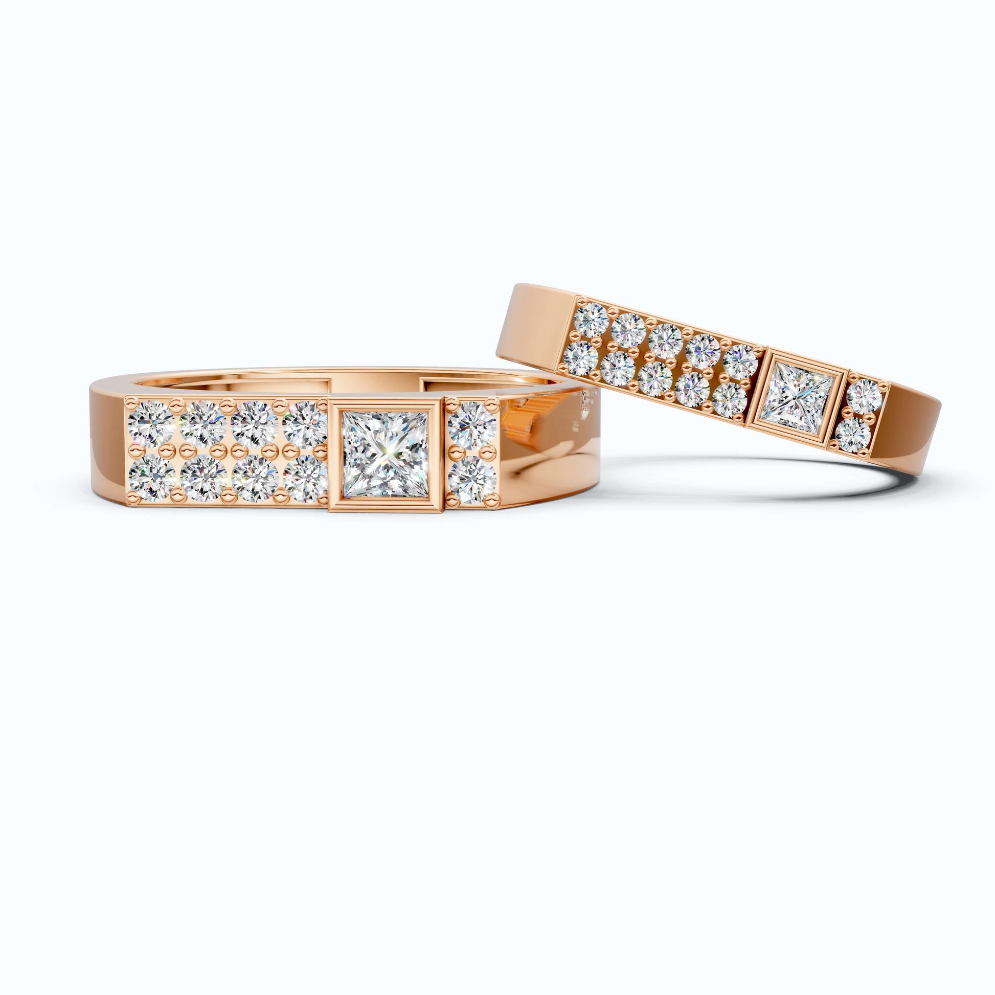 Modern Minimalist Geometric Couple Rings in 14k Rose Gold, 0.96 TCW Princess/Round Cut Lab Diamonds, Promise Rings, Wedding Gift for Couples