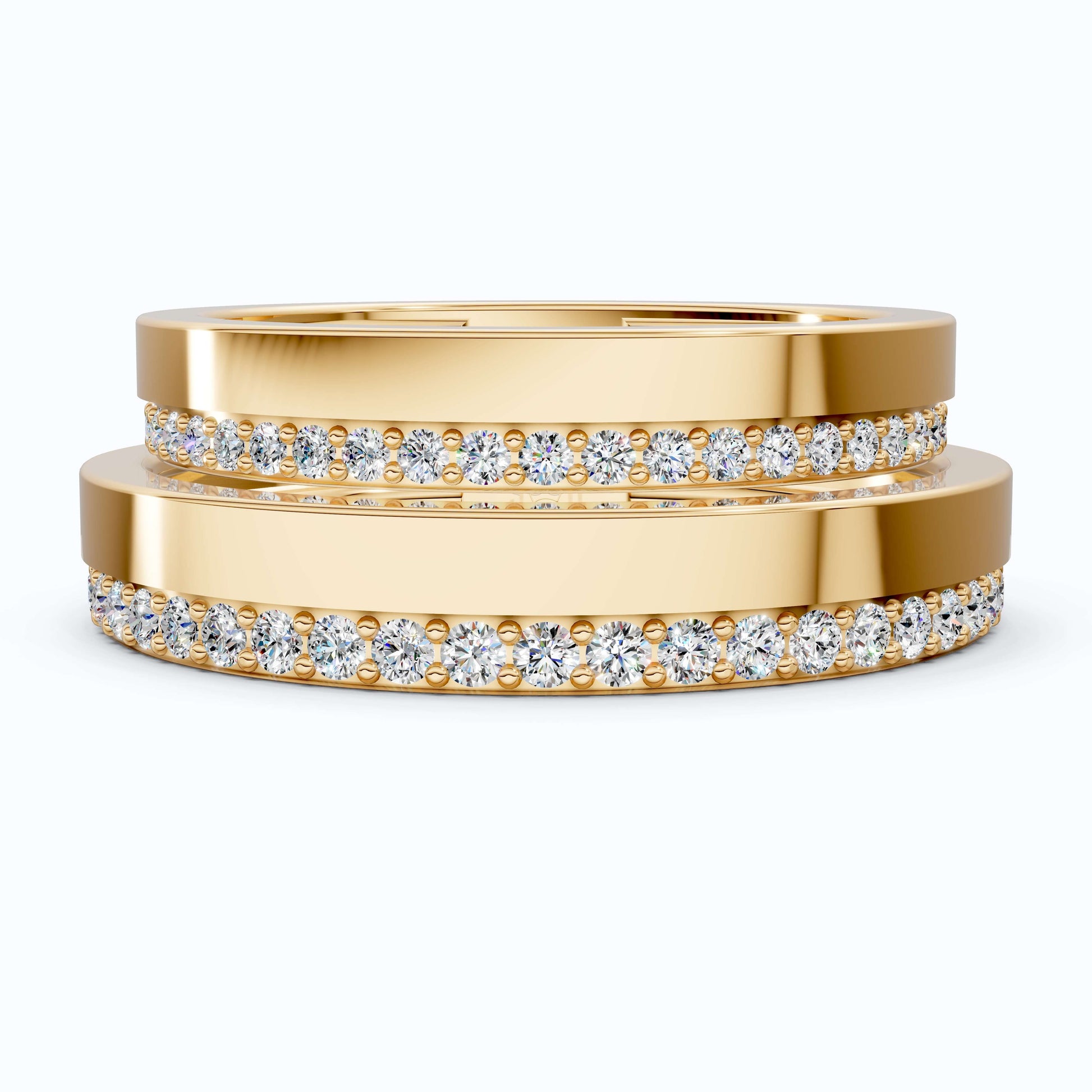 Elegant Flat Edge Eternity Couple Wedding Rings 14k Solid Gold, 0.95 TCW Round Cut Lab Created Diamonds, Everyday Rings, Gift For Couple