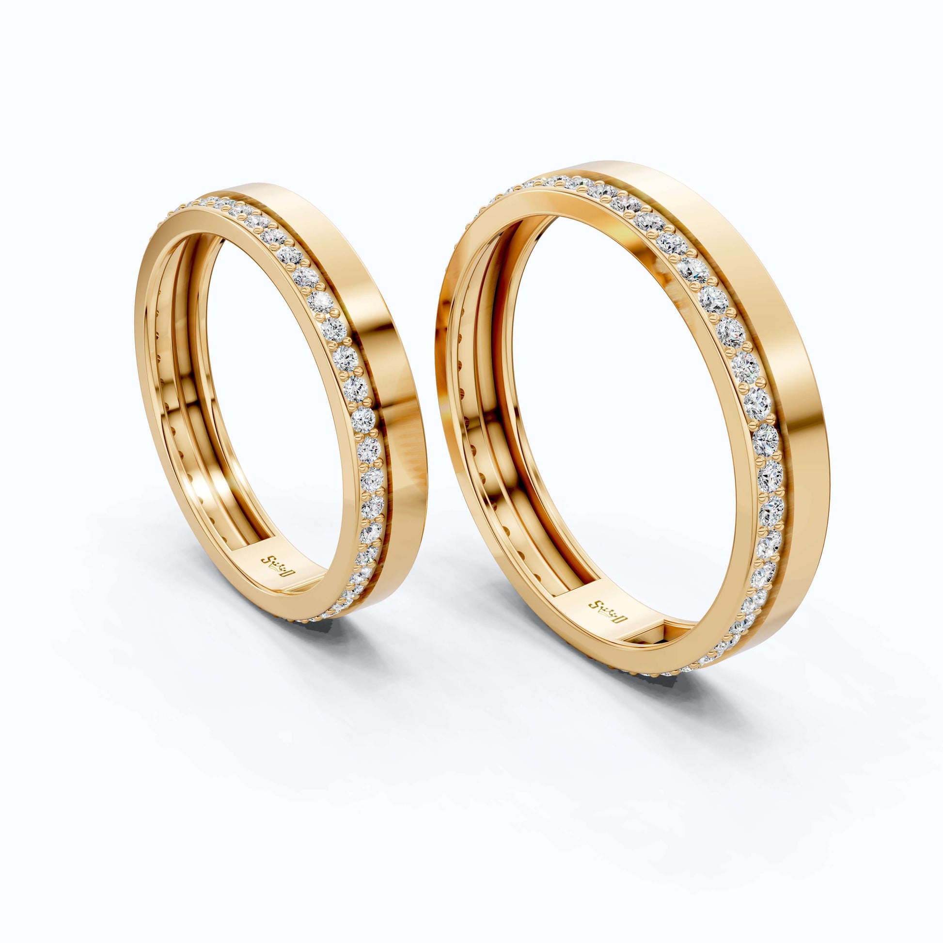 Elegant Flat Edge Eternity Couple Wedding Rings 14k Solid Gold, 0.95 TCW Round Cut Lab Created Diamonds, Everyday Rings, Gift For Couple
