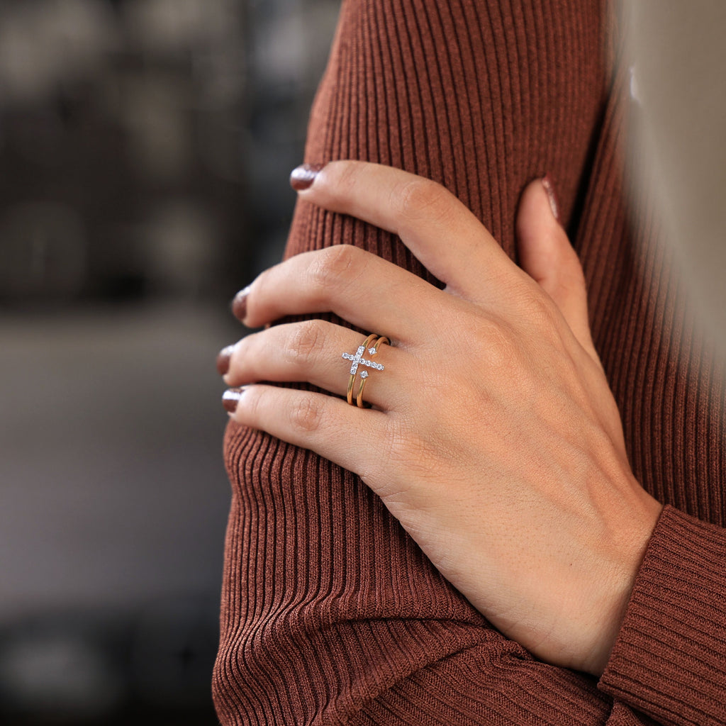 Modern Twin Band Jesus Cross Engagement Ring in 14k Solid Gold, 0.16 TCW Round Cut Lab Diamonds, Promise Ring, Anniversary Gift For Wife