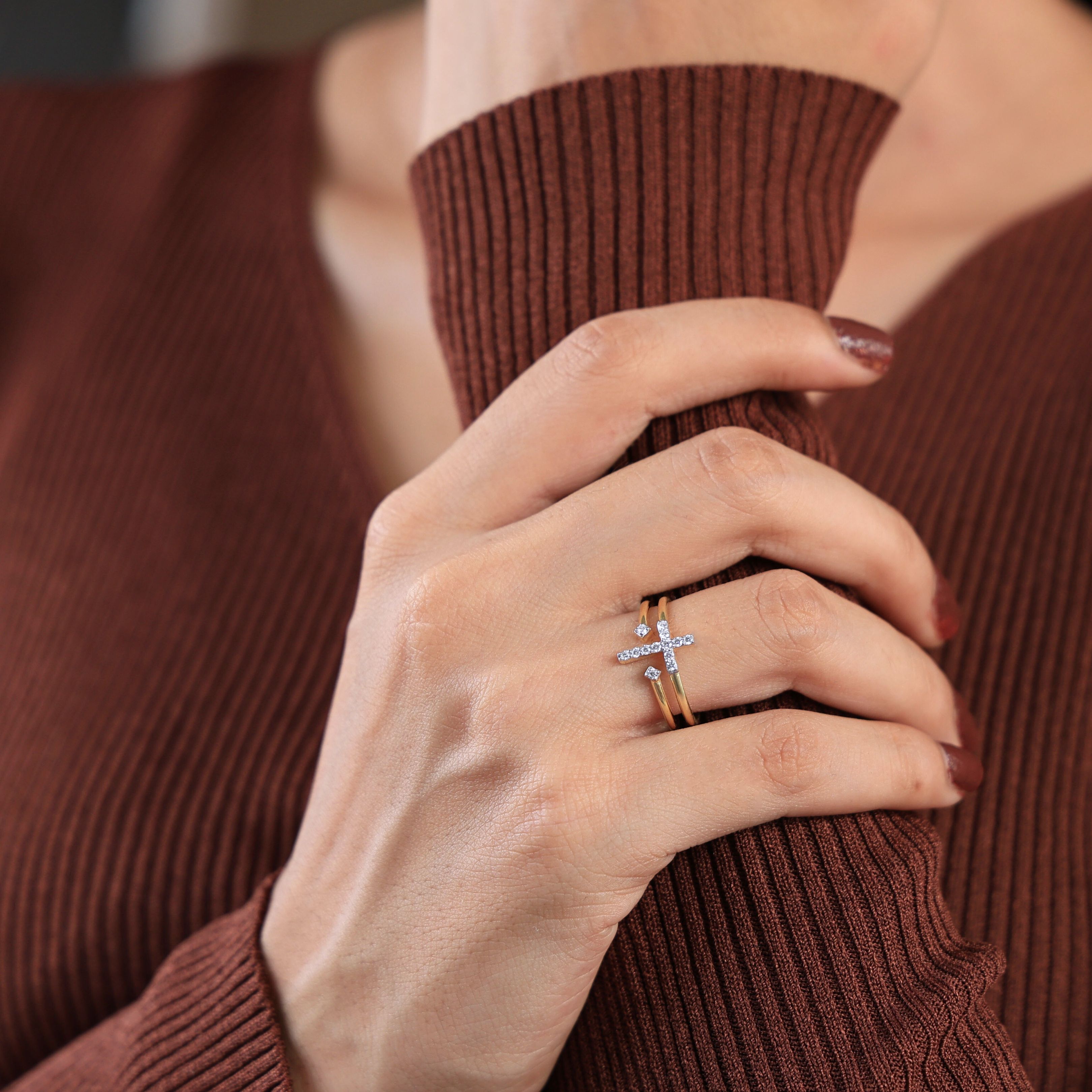 Modern Twin Band Jesus Cross Engagement Ring in 14k Solid Gold, 0.16 TCW Round Cut Lab Diamonds, Promise Ring, Anniversary Gift For Wife