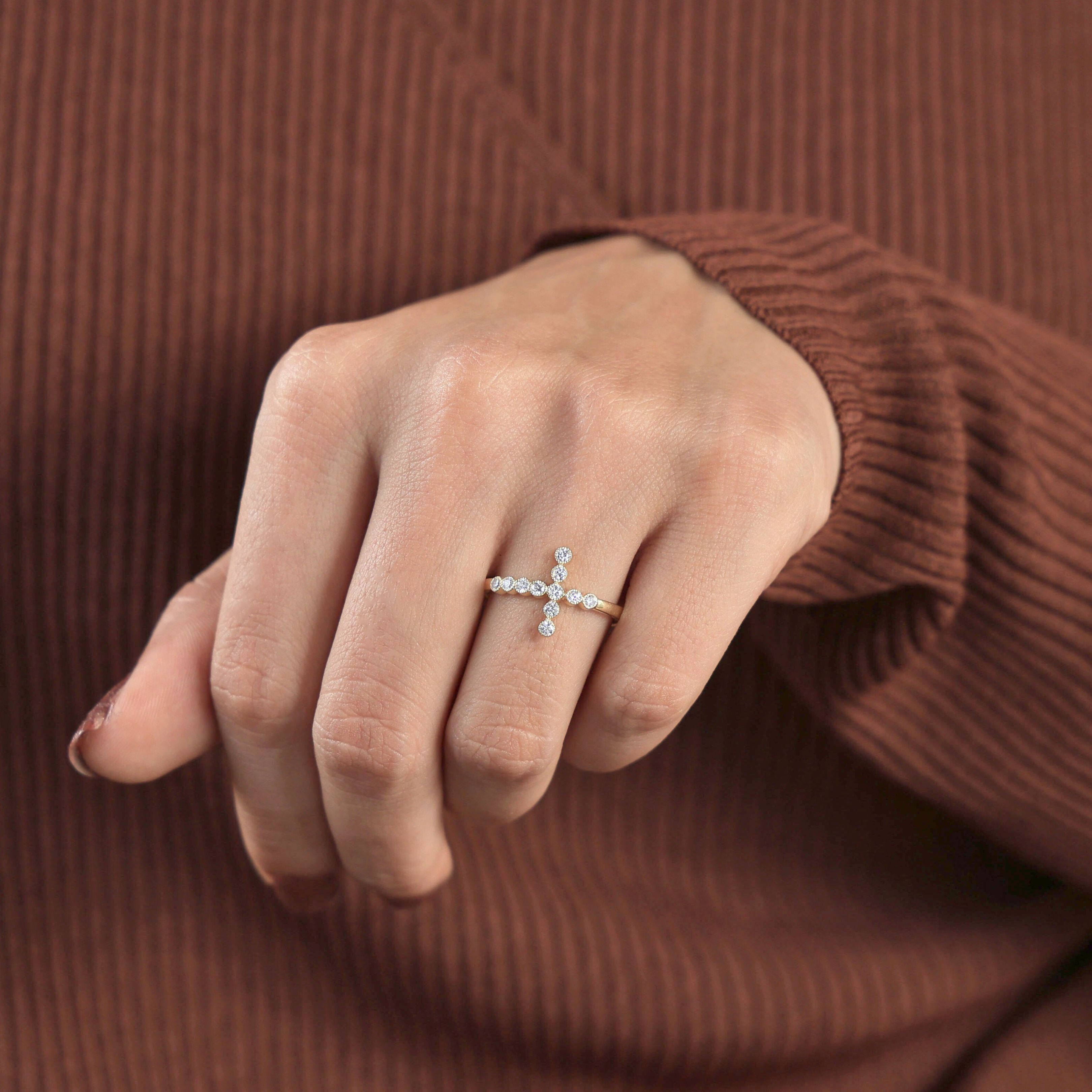 Contemporary Cross Accent Engagement Ring in 14K Solid Gold, 0.24 TCW Round Cut Lab Diamonds, Wedding Gift, Everyday Jewelry