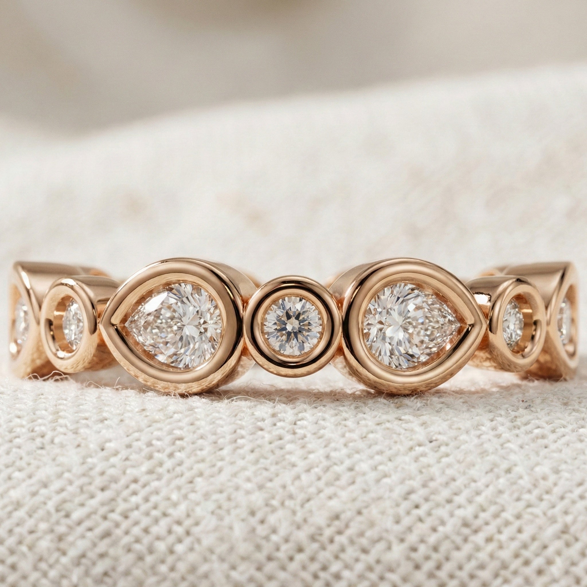 Modern Pear & Round Bezel-Set Alternating Wedding Eternity Band in Lab Grown Diamond – Solid 14k Gold, Bridal Jewelry
