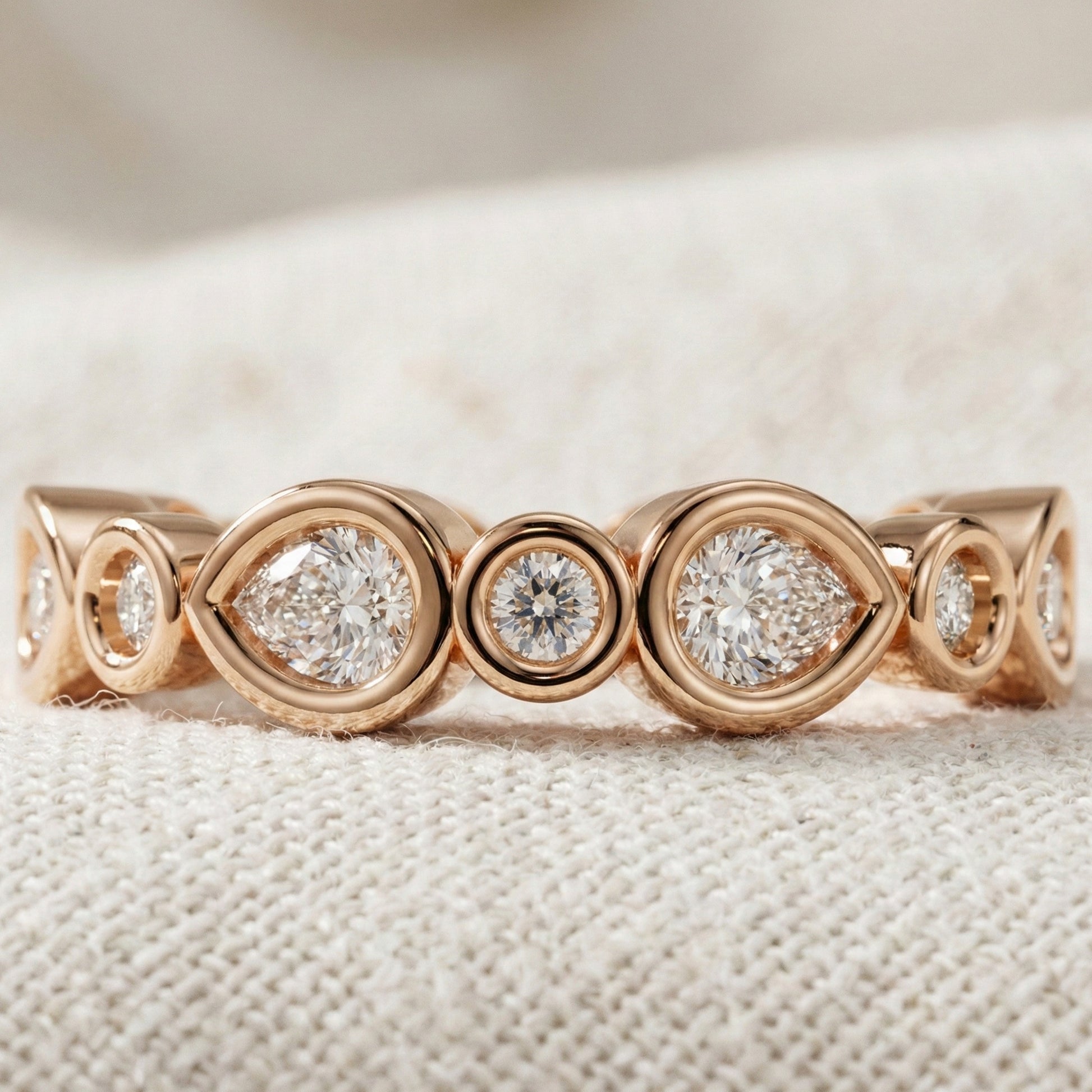 Modern Pear & Round Bezel-Set Alternating Wedding Eternity Band in Lab Grown Diamond – Solid 14k Gold, Bridal Jewelry