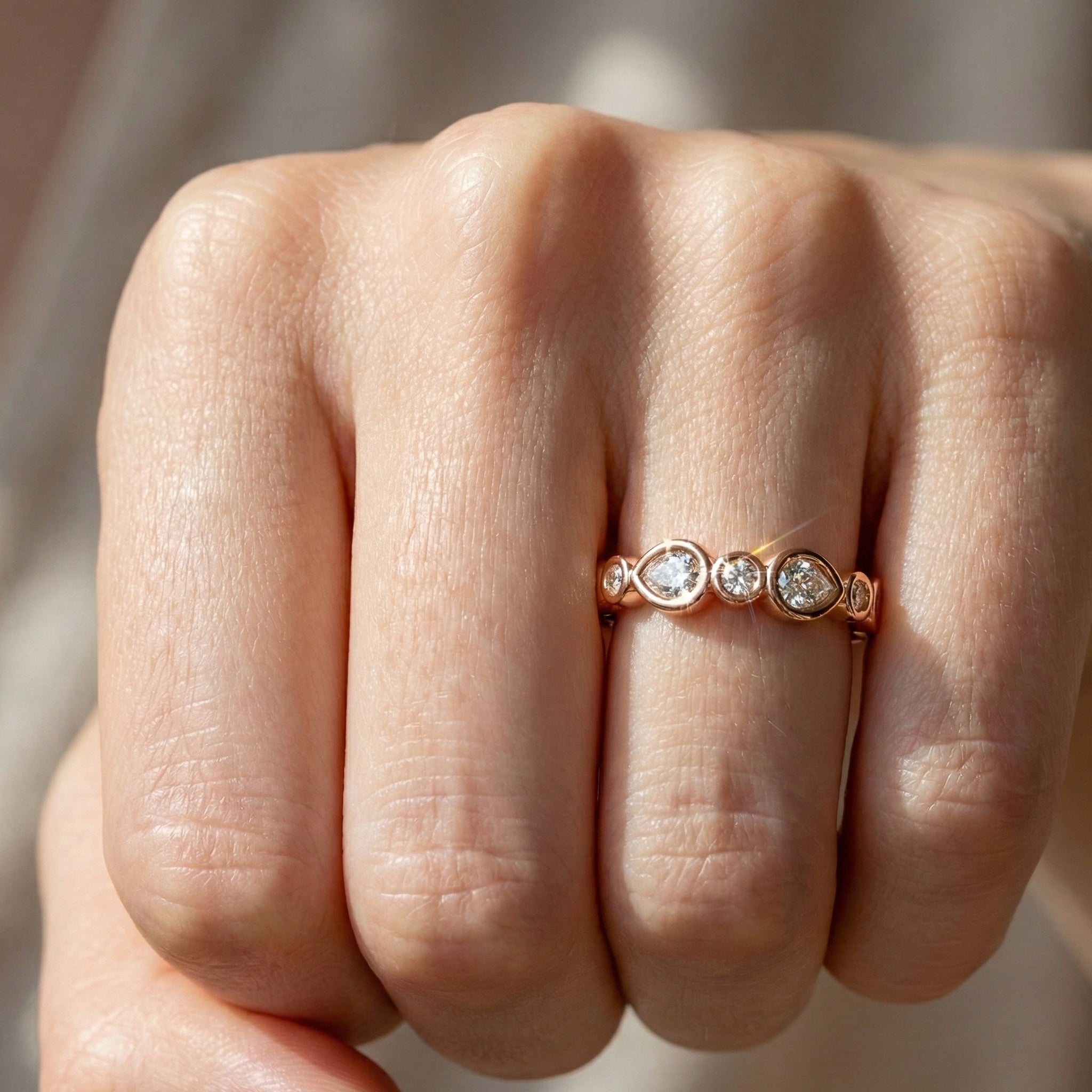 Modern Pear & Round Bezel-Set Alternating Wedding Eternity Band in Lab Grown Diamond – Solid 14k Gold, Bridal Jewelry