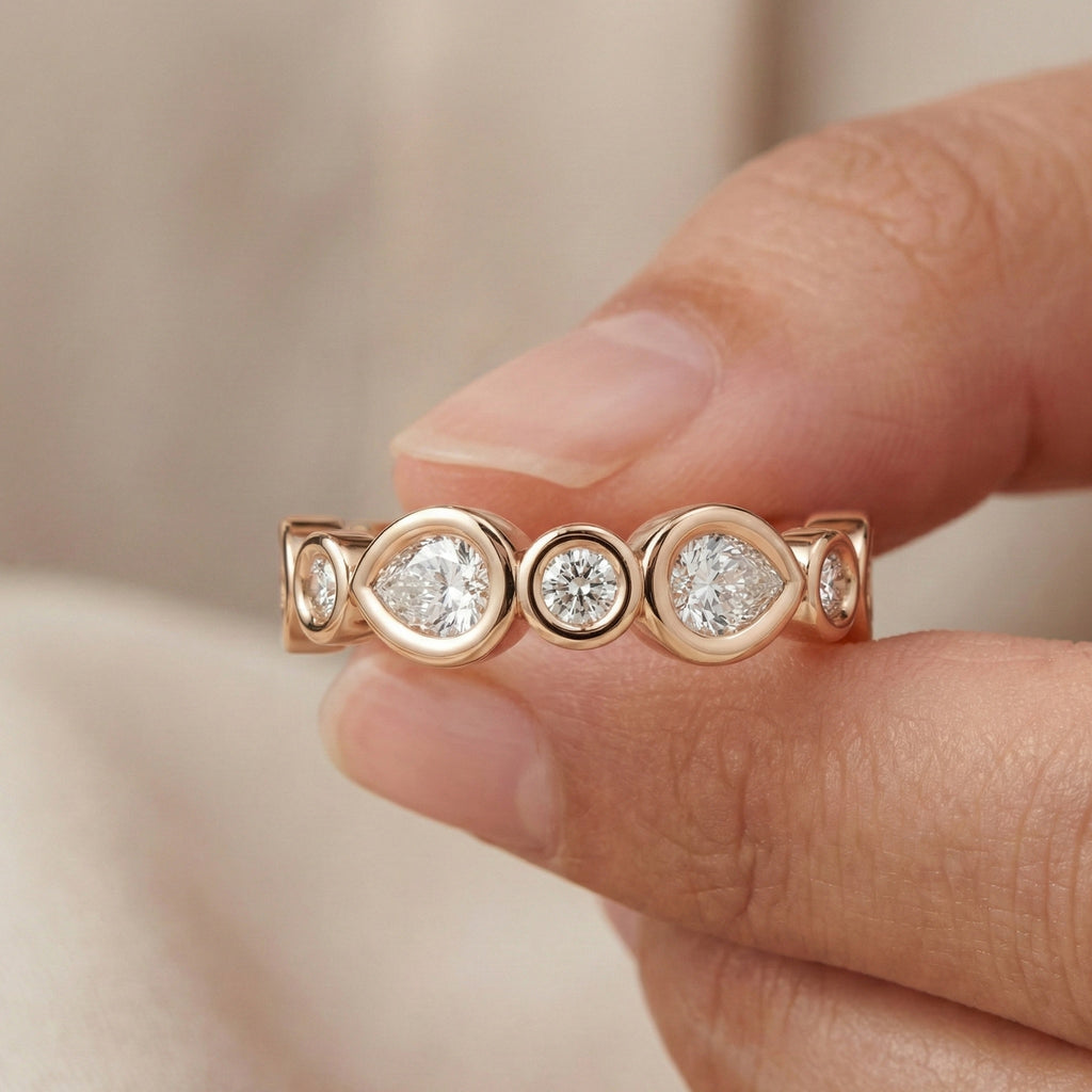 Modern Pear & Round Bezel-Set Alternating Wedding Eternity Band in Lab Grown Diamond – Solid 14k Gold, Bridal Jewelry