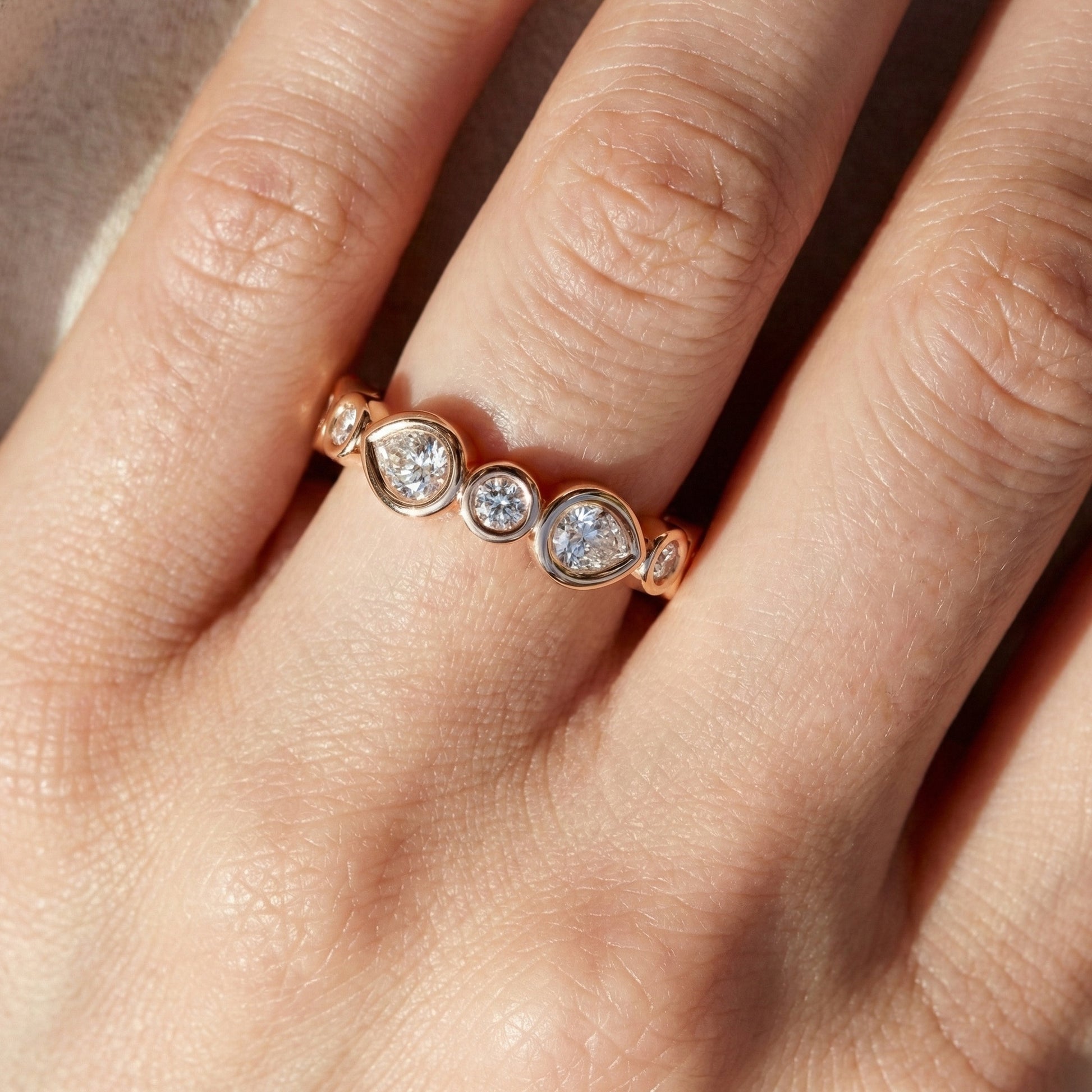 Modern Pear & Round Bezel-Set Alternating Wedding Eternity Band in Lab Grown Diamond – Solid 14k Gold, Bridal Jewelry