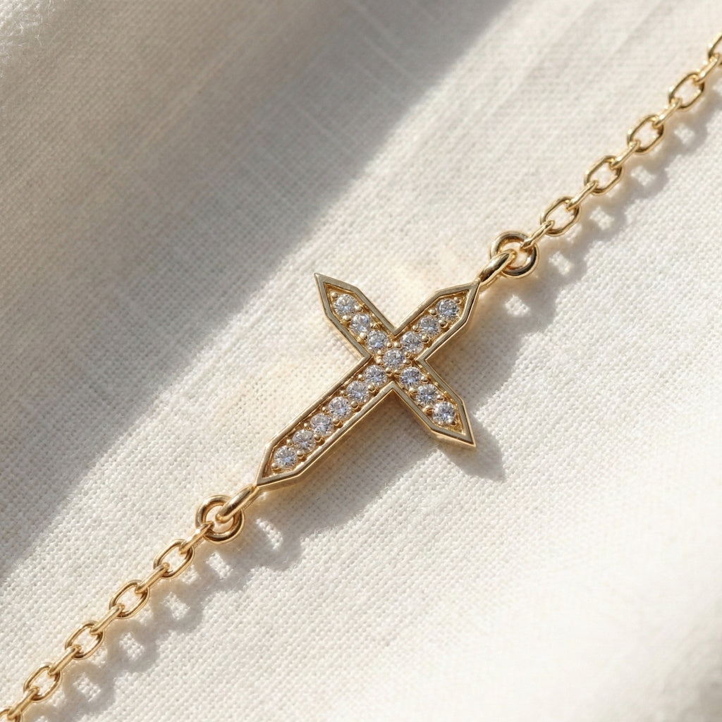 Dainty Arrow Tip Cross Chain Bracelet in 14K Solid Gold, 0.06 TCW Round Cut Lab Created Diamonds, Christian Bracelet, Christmas Gift for Her