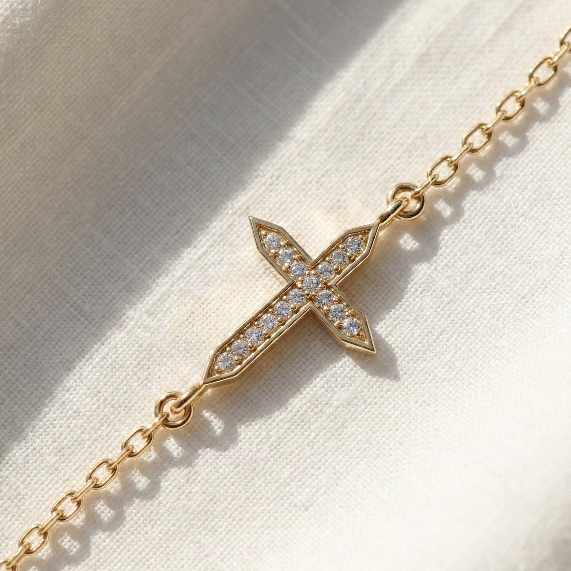 Dainty Arrow Tip Cross Chain Bracelet in 14K Solid Gold, 0.06 TCW Round Cut Lab Created Diamonds, Christian Bracelet, Christmas Gift for Her