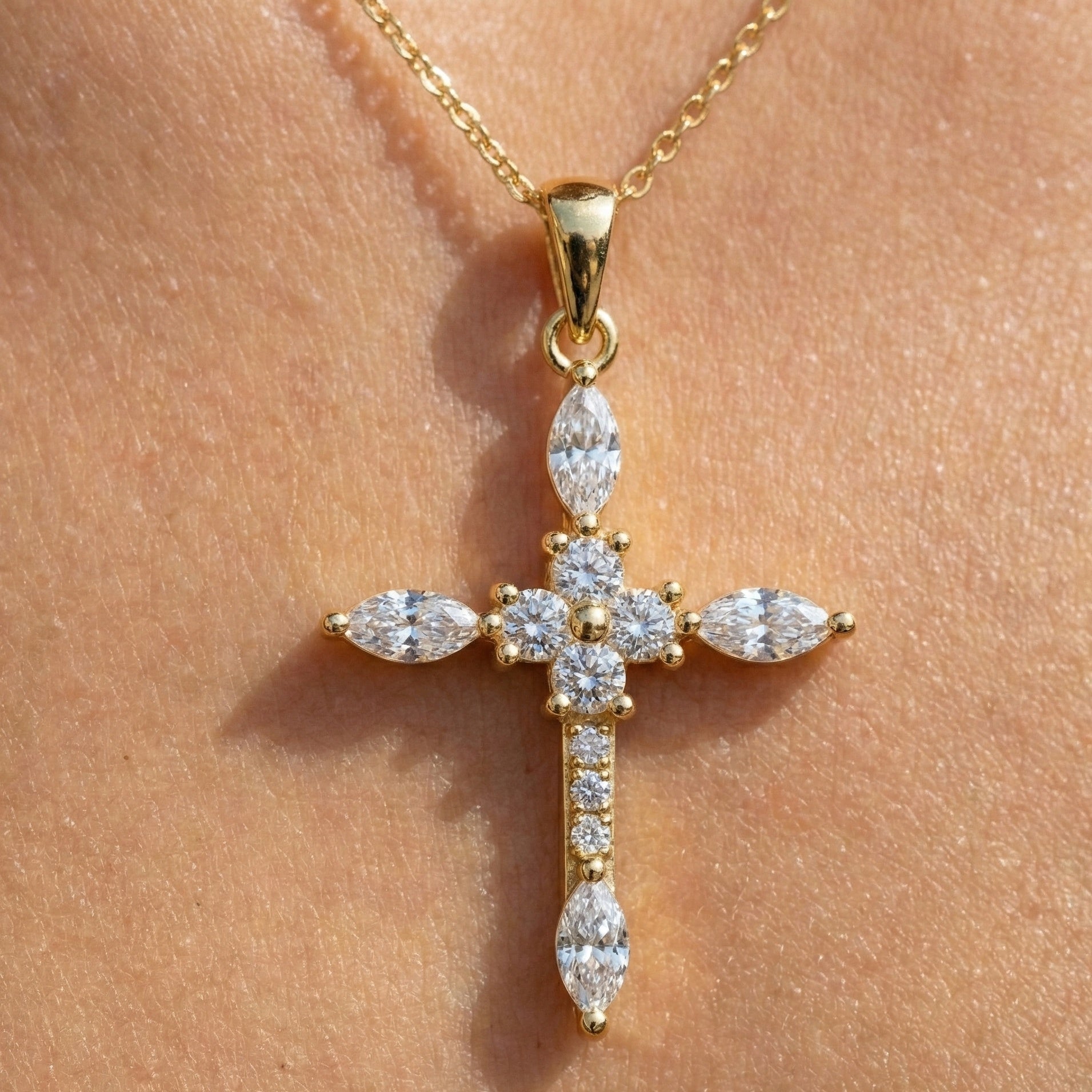 Floral Marquise Cluster Cross Pendant in 14k Solid Gold, 0.71 TCW Marquise/Round Cut Lab Diamonds ,Faith Pendant, Bridal Jewelry, Gift for Women