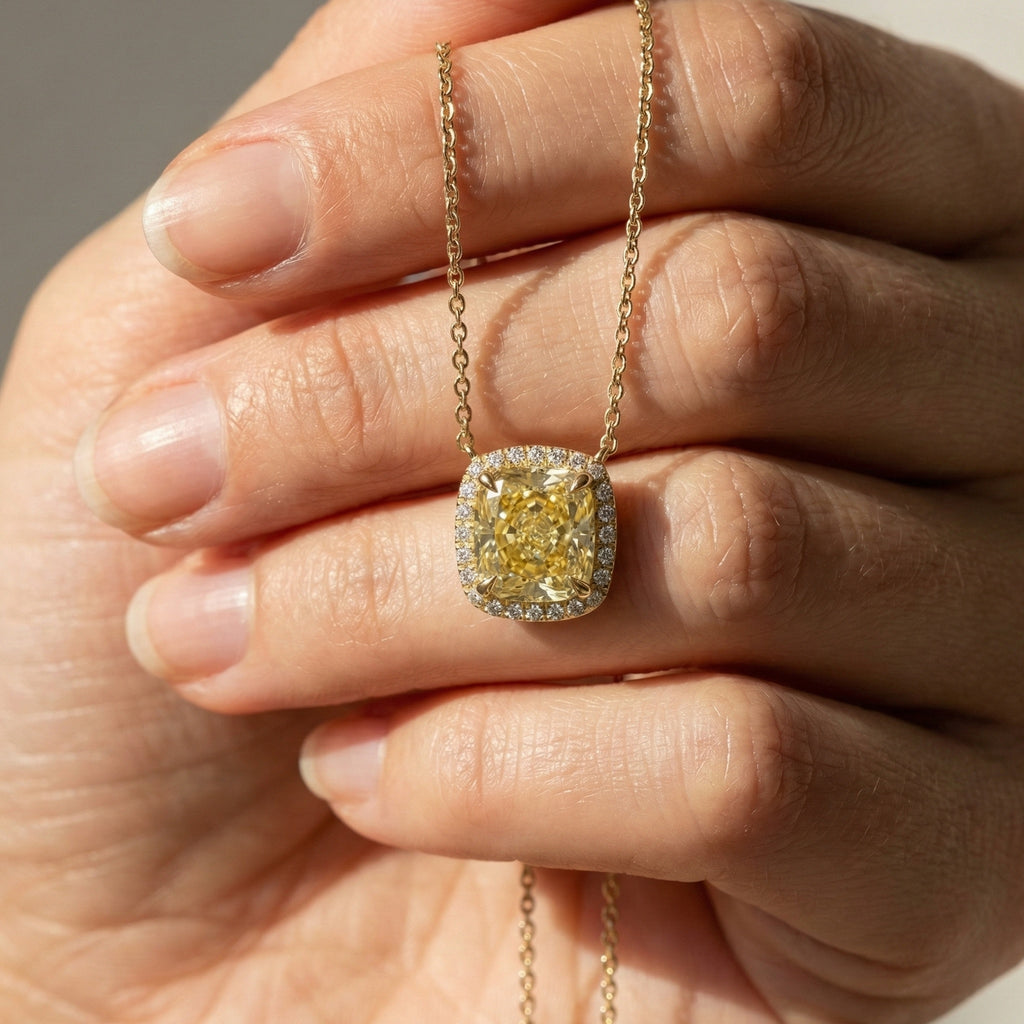 3.00 CT Canary Yellow Cushion Halo Wedding Pendant in Lab Diamond or Moissanite – 14k Solid Gold,  Wedding Jewelry, Anniversary Gift for Her