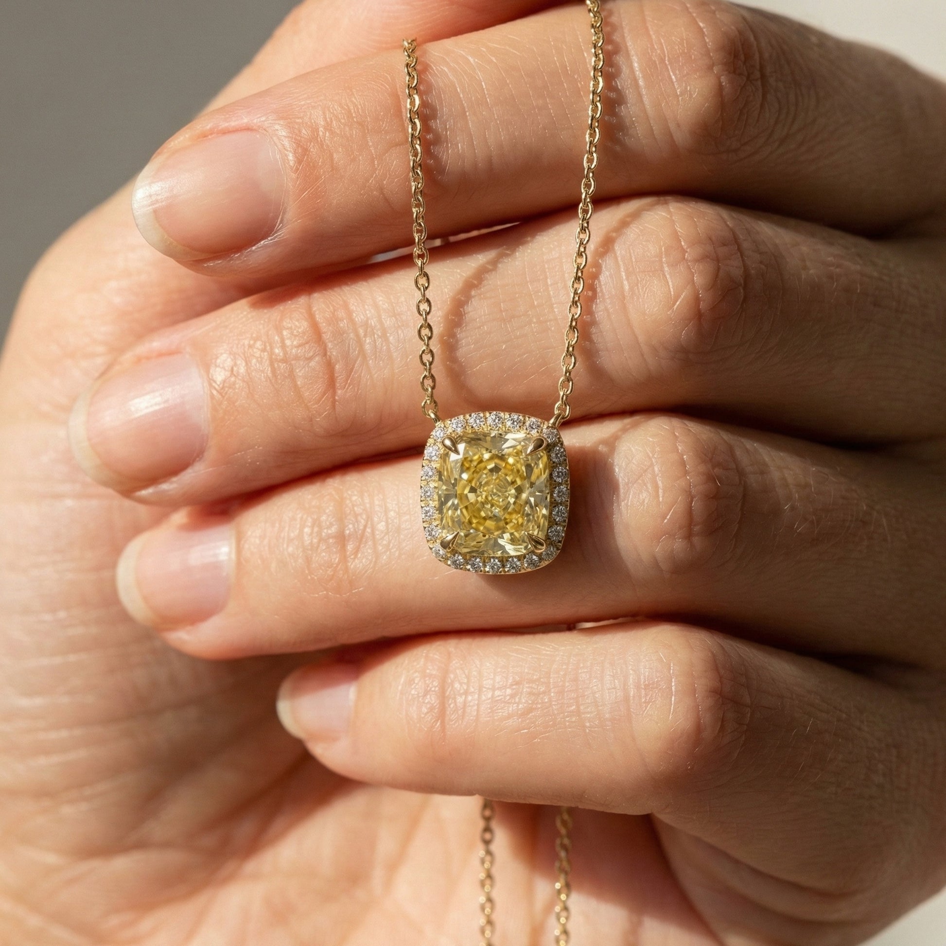 3.00 CT Canary Yellow Cushion Halo Wedding Pendant in Lab Diamond or Moissanite – 14k Solid Gold,  Wedding Jewelry, Anniversary Gift for Her