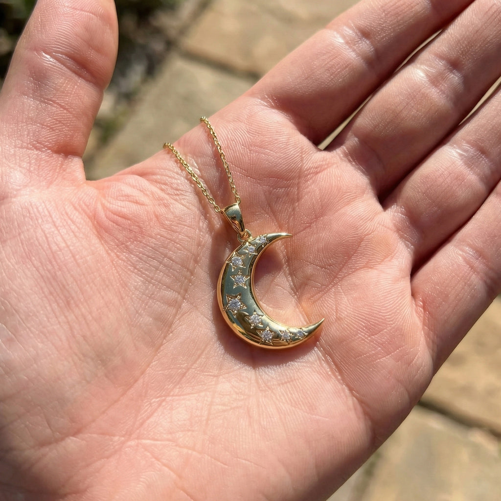 Celestial Crescent Moon Charm with Star Accents Wedding Pendant in Lab Grown Diamond-14k Solid Gold, Bridal Jewelry for Her