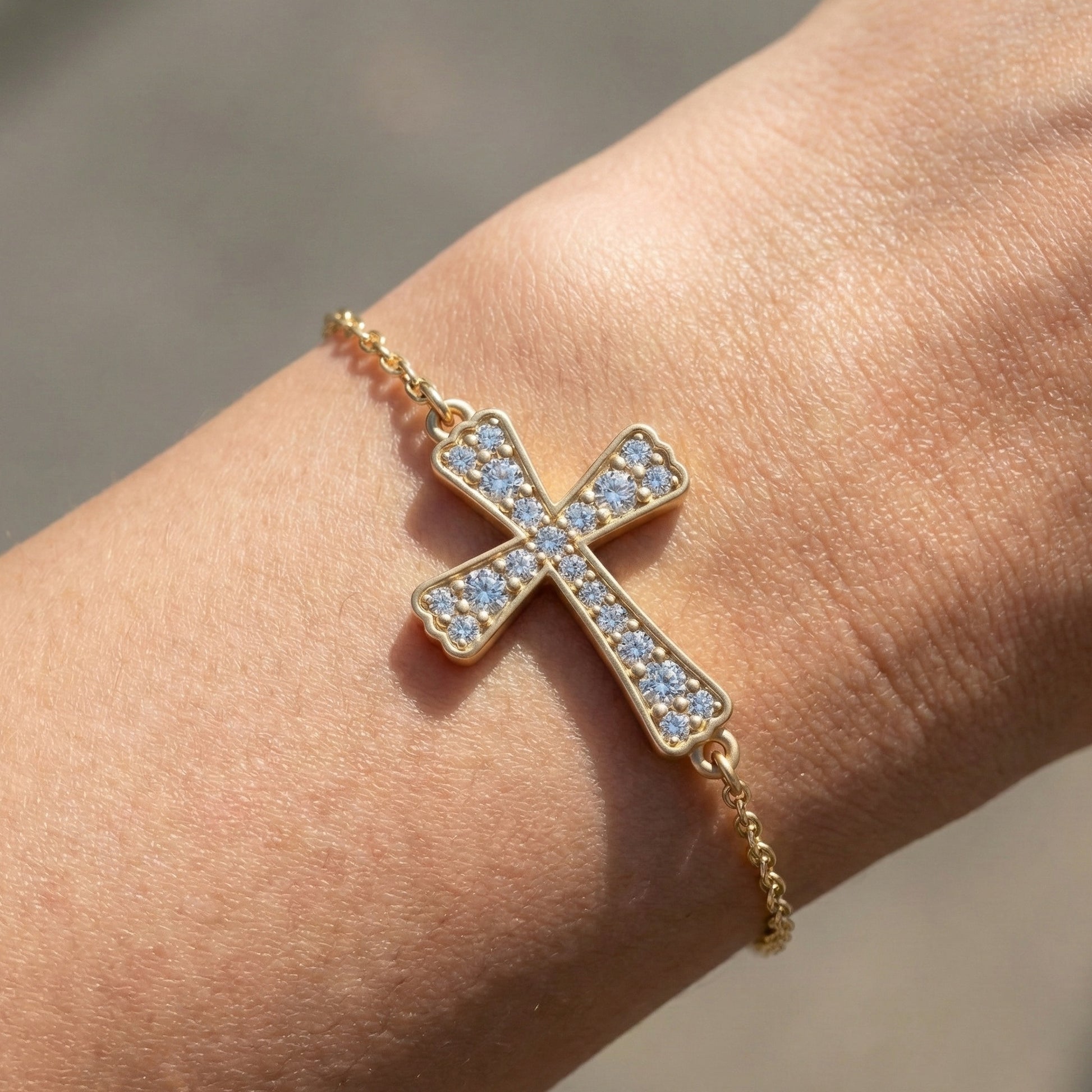 Tapered pavé cross Chain bracelet in 14K Solid Gold, 0.52 TCW Round Cut Lab Created Diamonds, Dainty Faith Bracelet, Wedding Gift for Her