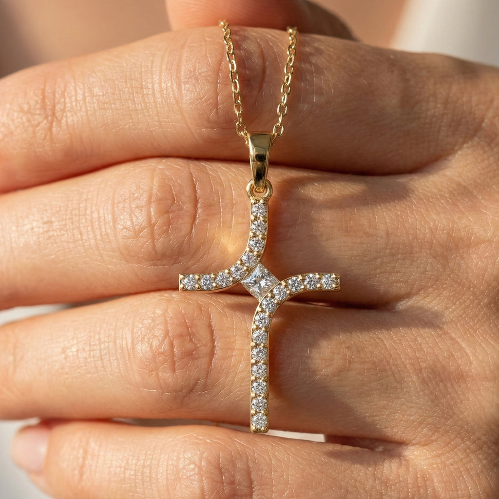 Artisan Angled Cross Pendant in 14K Solid Gold, 0.30 TCW Princess/Round Cut Lab Created Daimonds, Bridal Jewelry, Everyday Gift