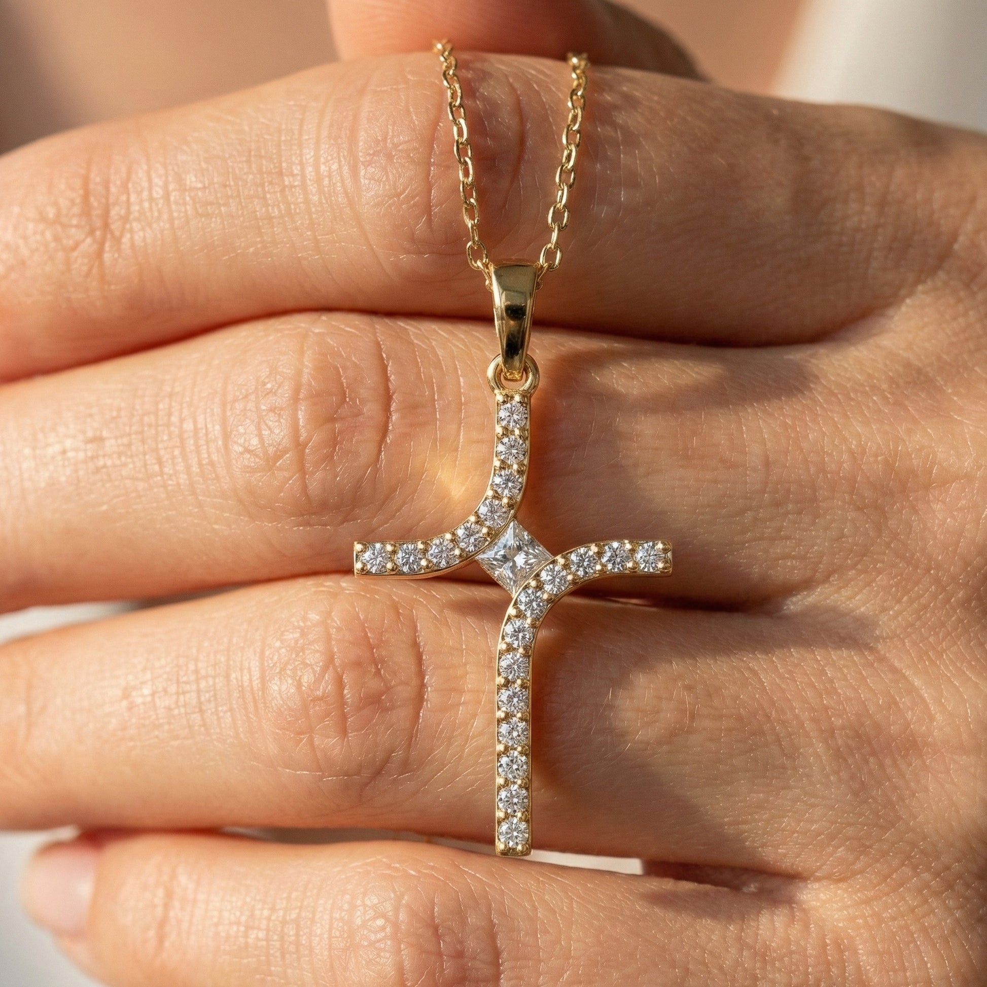 Artisan Angled Cross Pendant in 14K Solid Gold, 0.30 TCW Princess/Round Cut Lab Created Daimonds, Bridal Jewelry, Everyday Gift