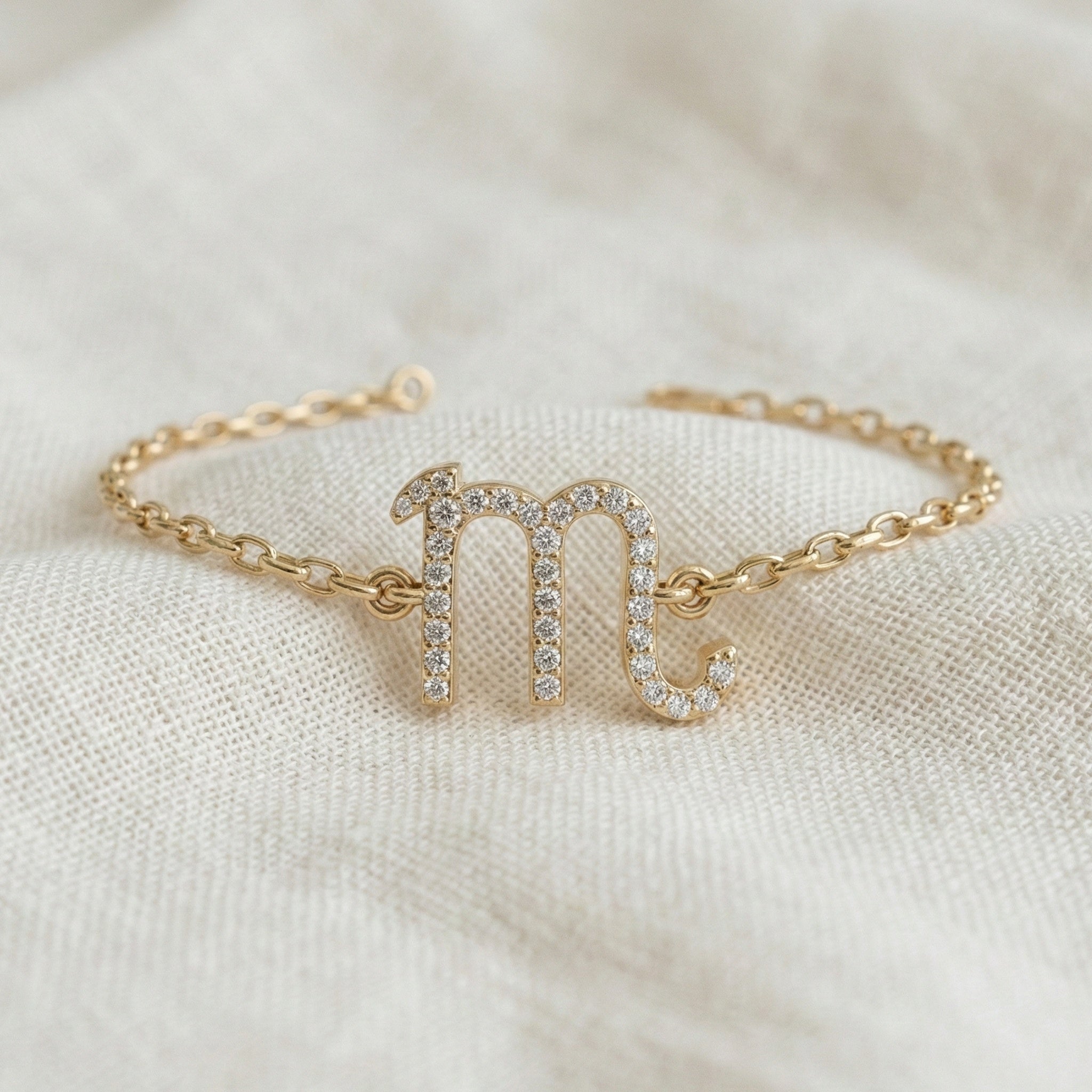 Minimalist Scorpio Symbol Bracelet in 14K Solid Gold, 0.31 TCW Round Cut Lab Created Diamonds, Personalized Astrology Birthday Gift for Her