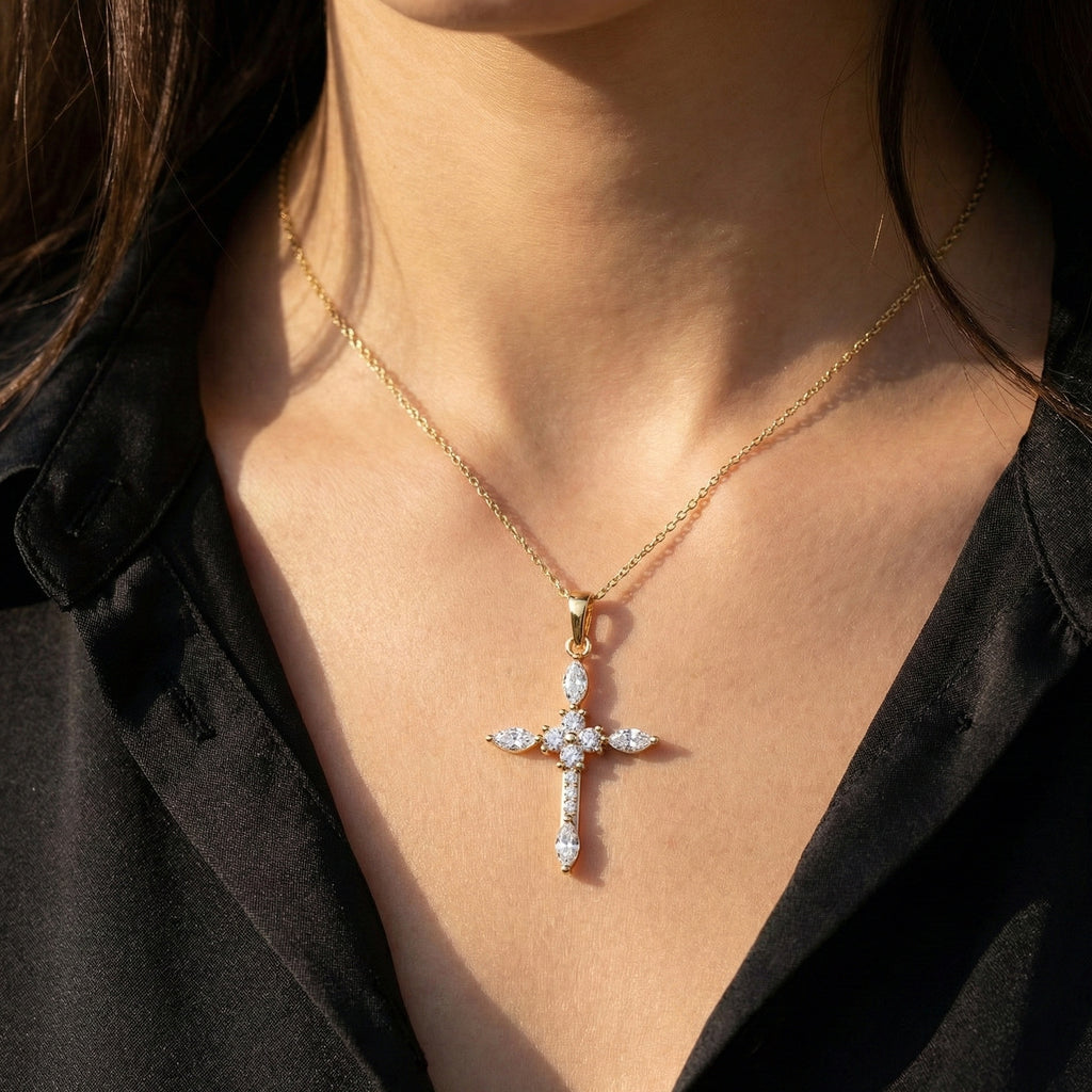 Floral Marquise Cluster Cross Pendant in 14k Solid Gold, 0.71 TCW Marquise/Round Cut Lab Diamonds ,Faith Pendant, Bridal Jewelry, Gift for Women
