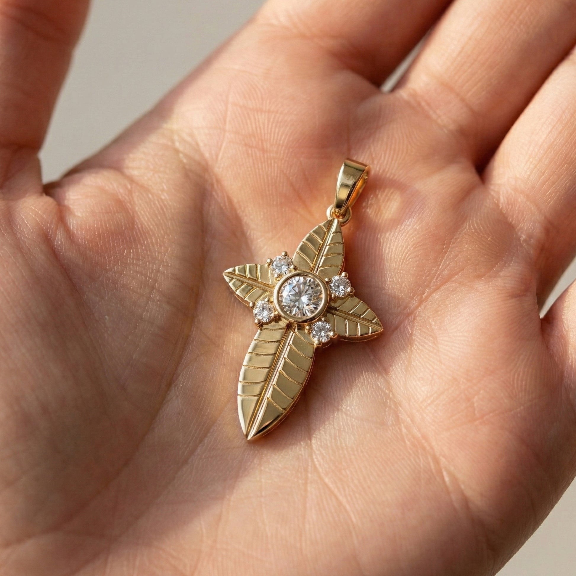 Elegant Botanical Cross Pendant in 14k Solid Gold, 0.39 TCW Round Cut lab Diamonds, Gift for Her, Bridal Jewelry