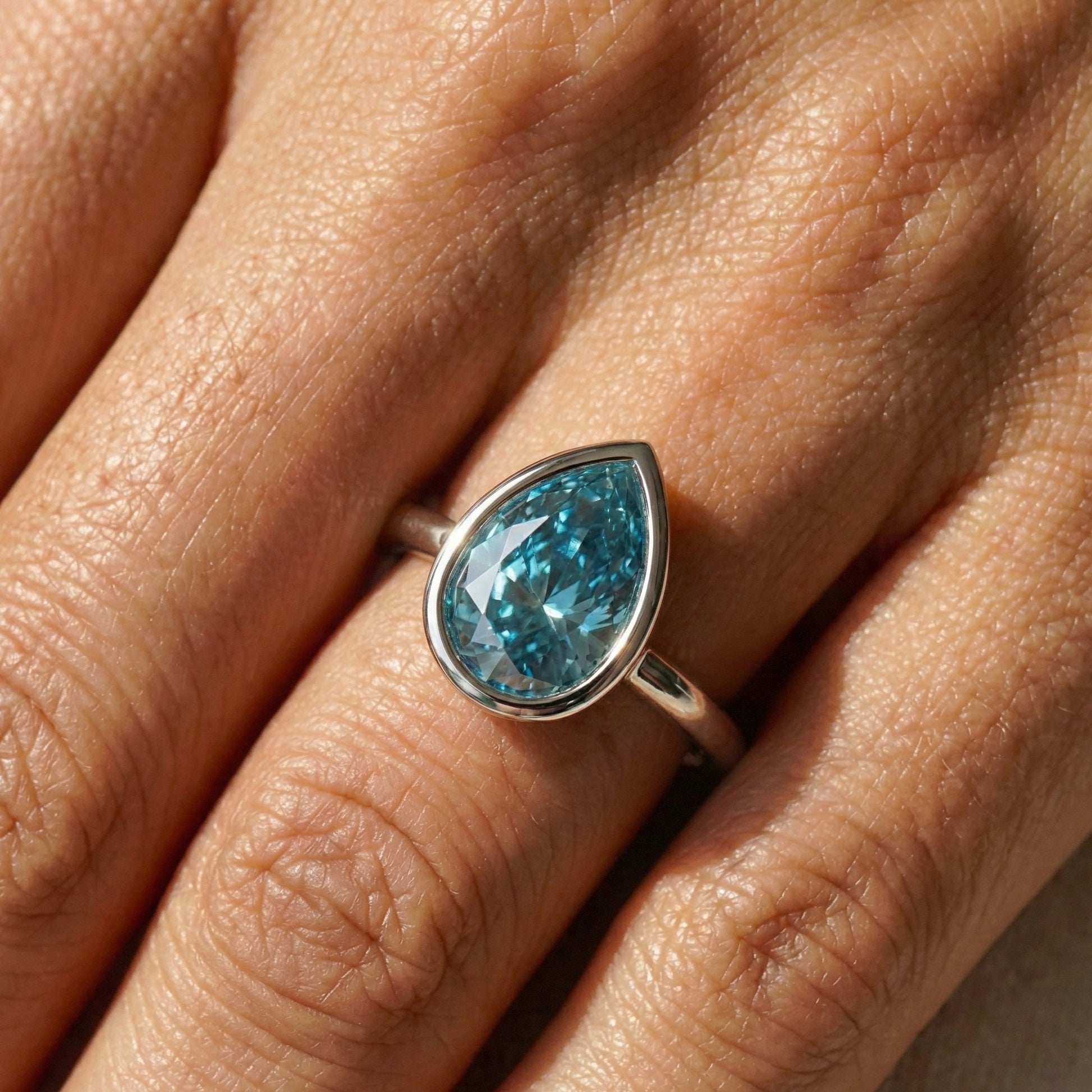 Cyan Blue Teardrop Bezel Set Solitaire Engagement Ring in 14K Solid Gold, 5.00 CT Pear Cut Moissanite, Birthday Gift For Wife,  Daily Wear Jewelry