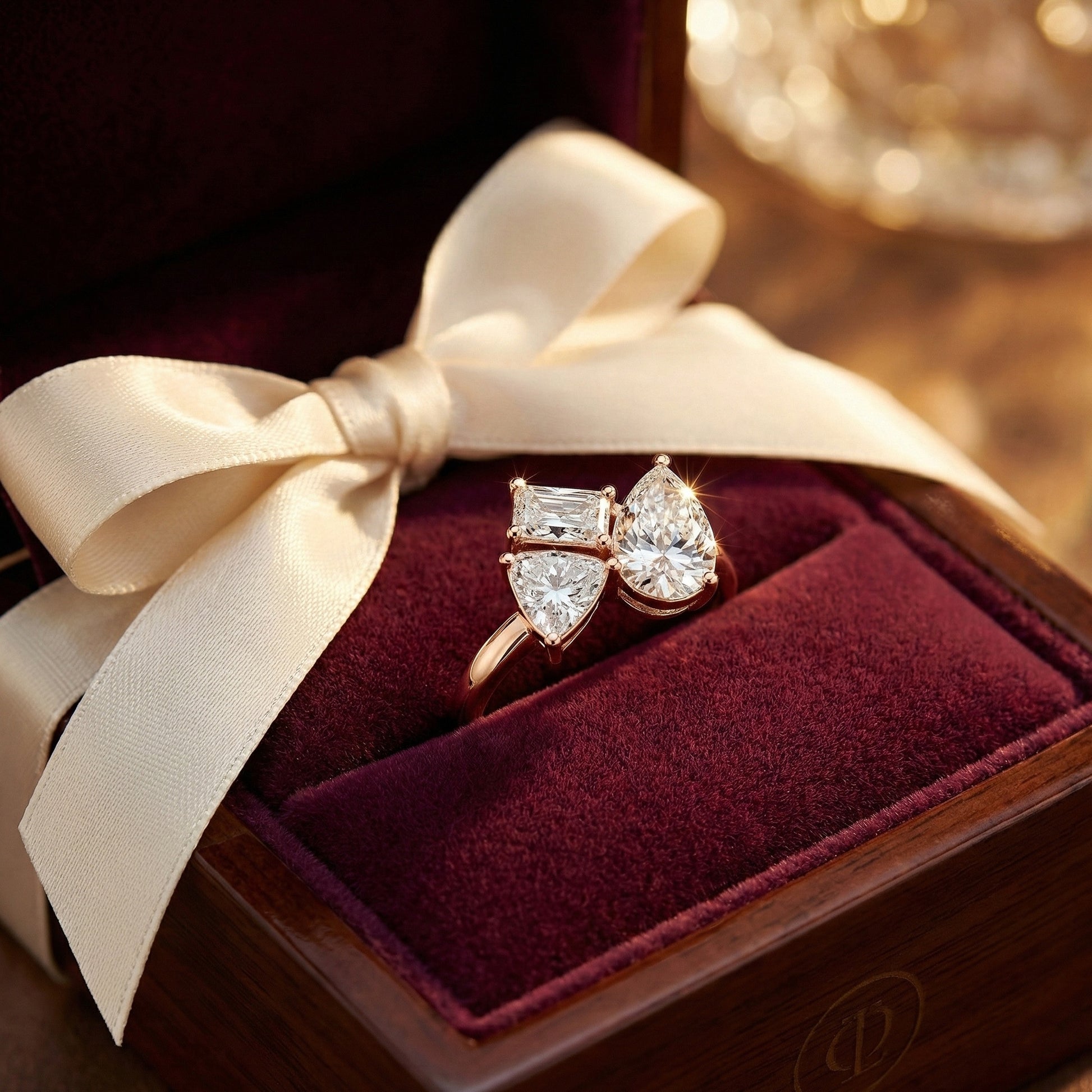 Three Stone Engagement Ring in 14K Solid Gold, 1.92 TCW Trillion/Radiant/Pear Cut Lab Grown Diamonds, Bridal Jewelry for Women, Handmade Jewelry