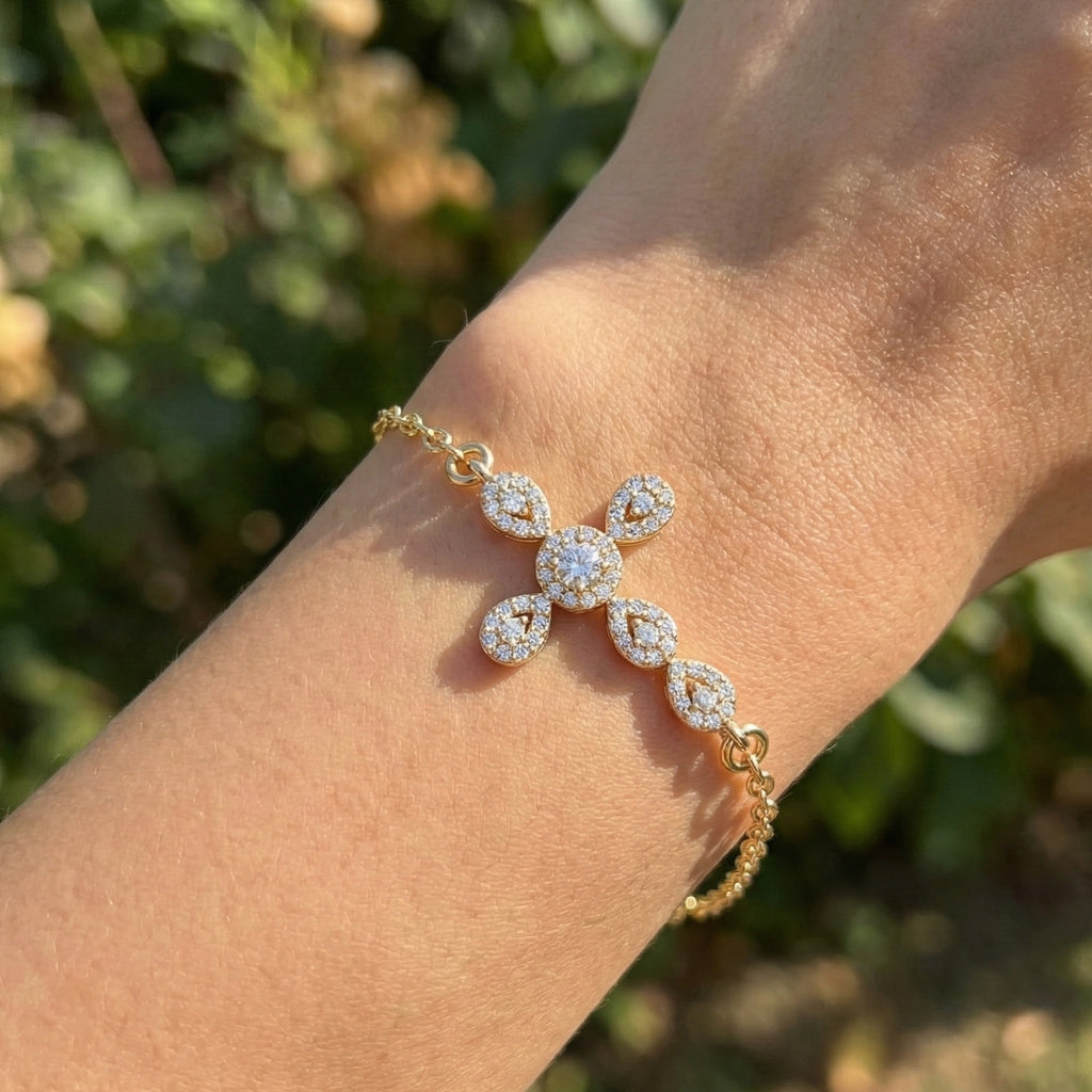 Dainty Cluster pear Halo cross Chain bracelet in 14K Solid Gold, 0.40 Round Cut Lab Created Diamonds, Vintage Gift for Her, Bridal Jewelry