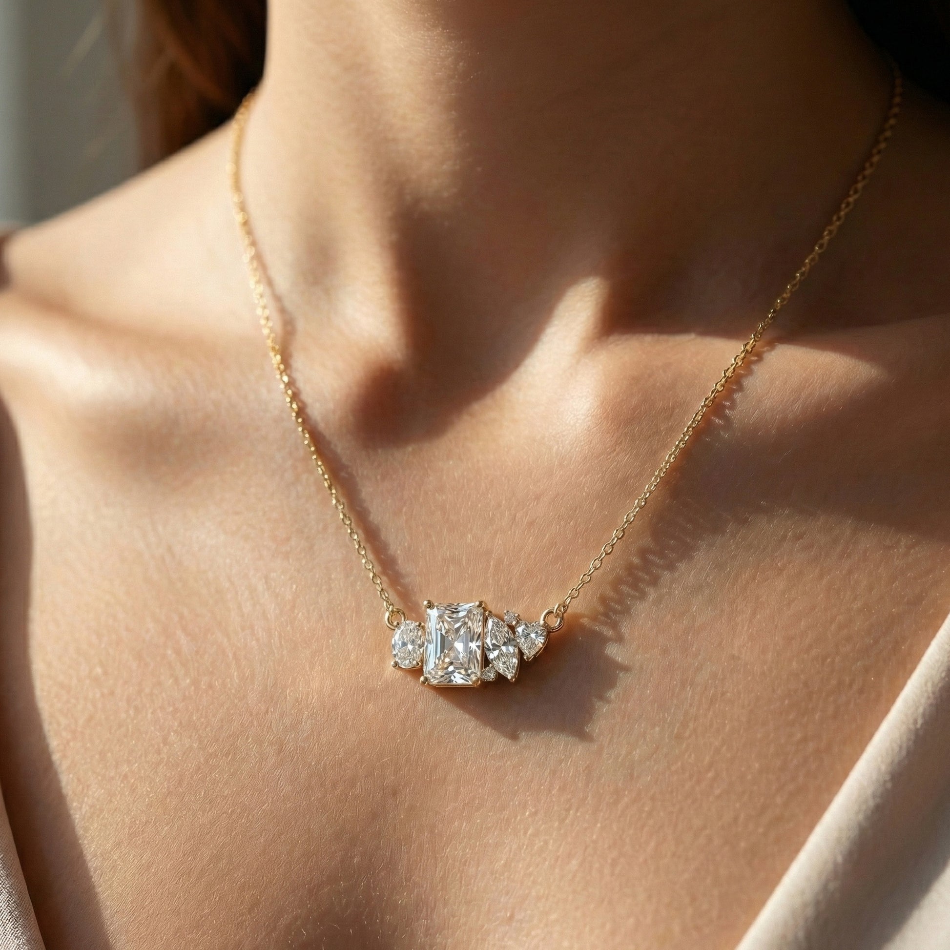 Radiant Cut Modern Cluster with Mixed Stone Cluster Wedding Pendant in Lab Grown Diamond-14k Solid Gold, Birthday Gift for Women, Handmade Jewelry