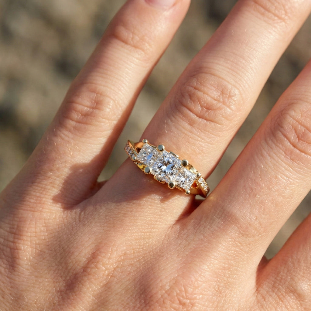 Three-Stone Princess Cut Bypass Pave Engagement Ring in 14K Solid Gold, 0.75 TCW Princess Cut Lab Grown Diamonds, Birthday Gift for Wife