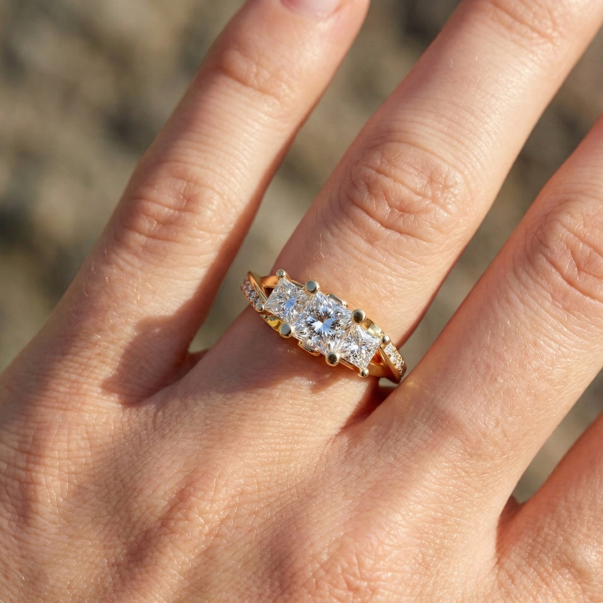 Three-Stone Princess Cut Bypass Pave Engagement Ring in 14K Solid Gold, 0.75 TCW Princess Cut Lab Grown Diamonds, Birthday Gift for Wife