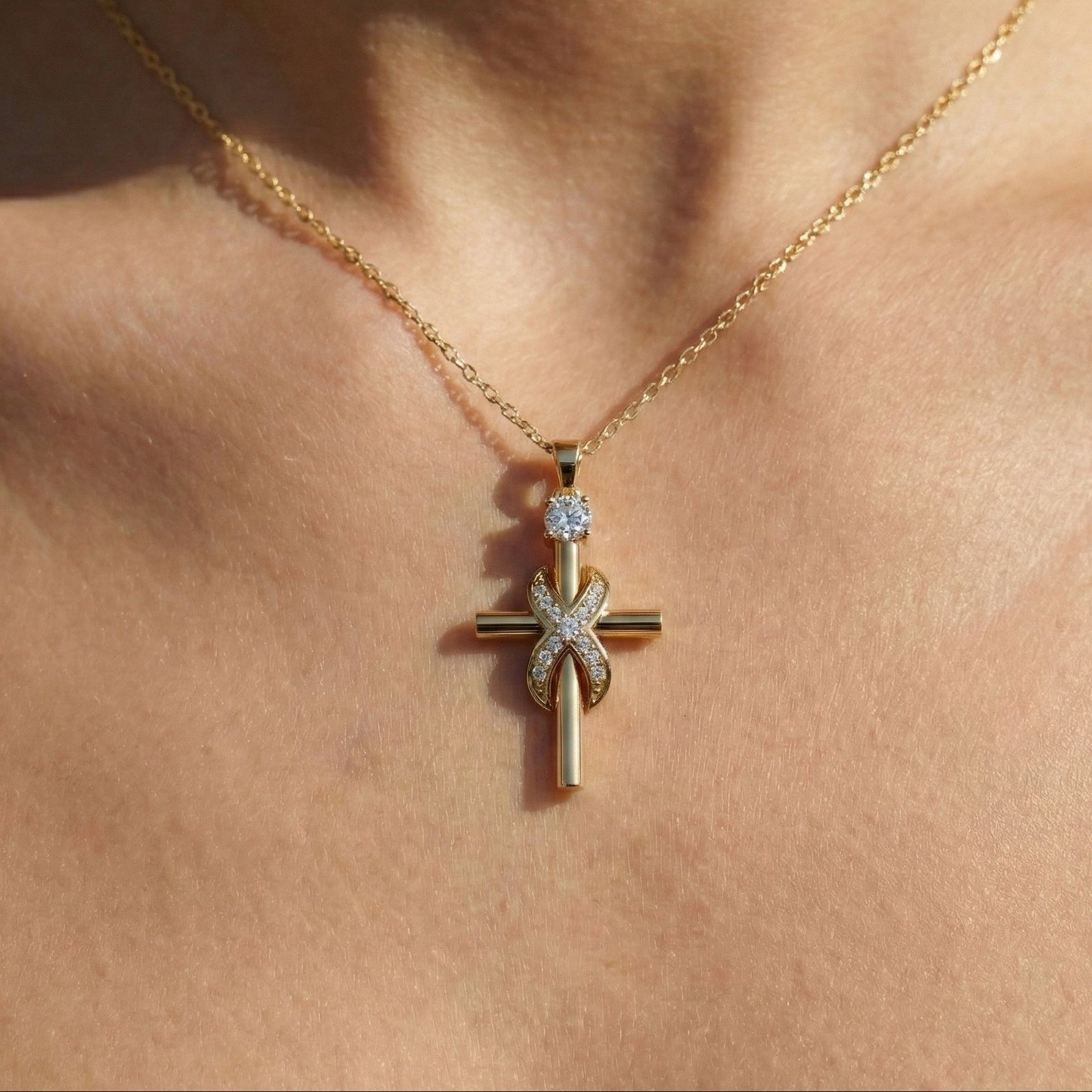 Classic Infinity Accent Cross Pendant in 14K Solid Gold, 0.44 TCW Round Cut Lab Diamonds, Gift for Her, Spiritual Jewelry