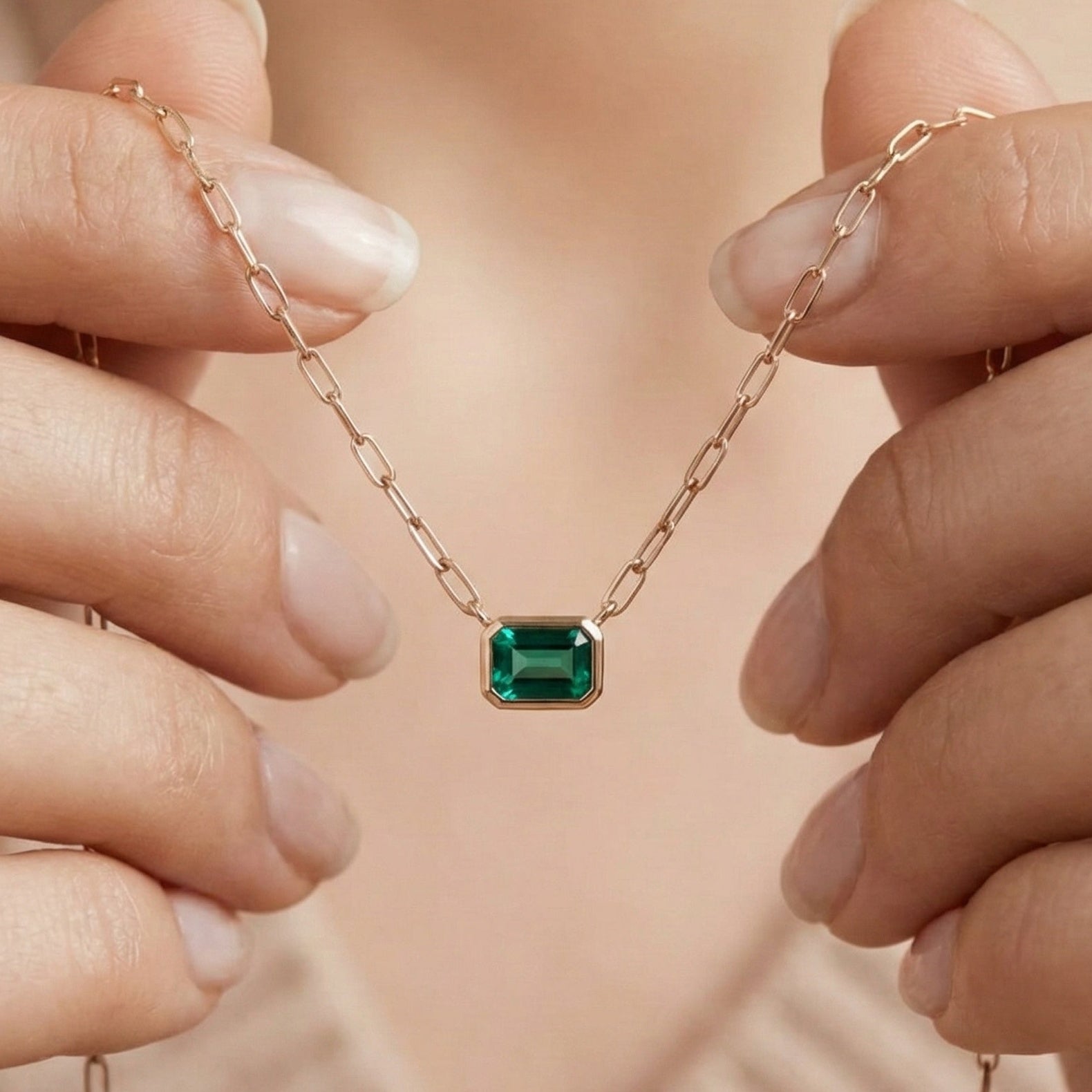 0.50 CT East-West Modern Bezel Set Colombian Green Emerald Cut Solitaire Pendant in Lab Diamond or Moissanite – 14K Solid Gold, Wedding Gift for Her, Handmade Jewelry