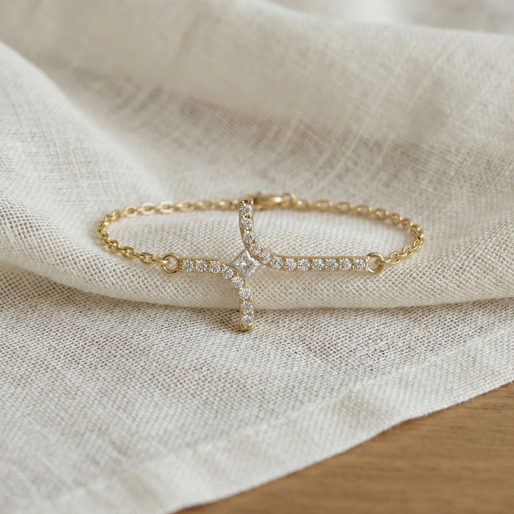 Dainty Arch Cross Chain Bracelet in 14K Solid Gold, 0.30 TCW Princess/Round Cut Lab Grown Diamonds, Fashion Bracelet, Anniversary Gift for Her