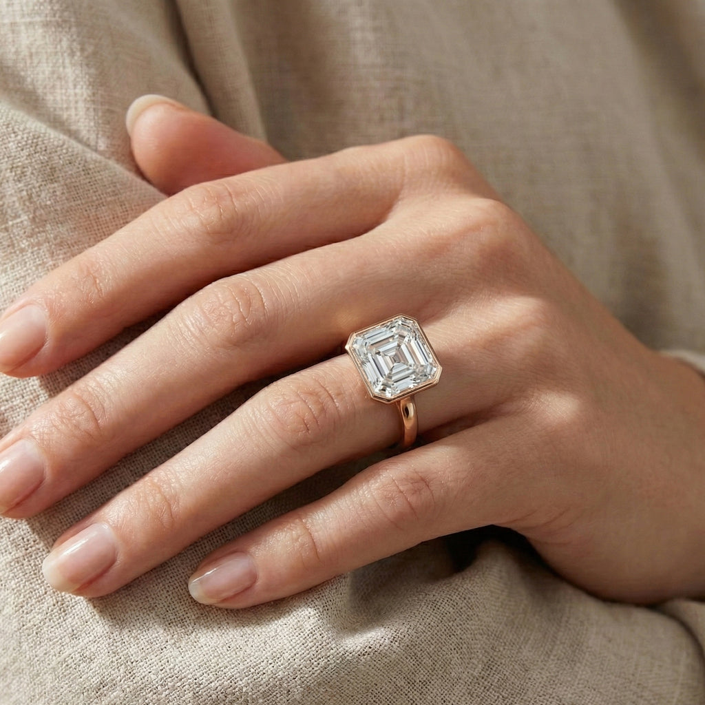 Asscher Cut Bezel Set Solitaire Engagement Ring in 14k Rose Gold, 4.00 CT Asscher Cut Lab Created Diamond, Gift for Wife