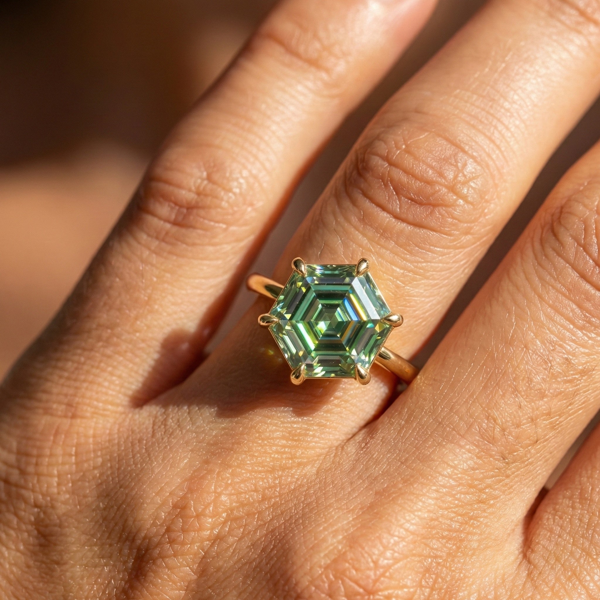 3.00 CT Modern Geometric Hexagon Green Emerald Gemstone Engagement Ring in Lab Diamond – 14K Solid Gold, Wedding Gift for Wife, Daily Wear