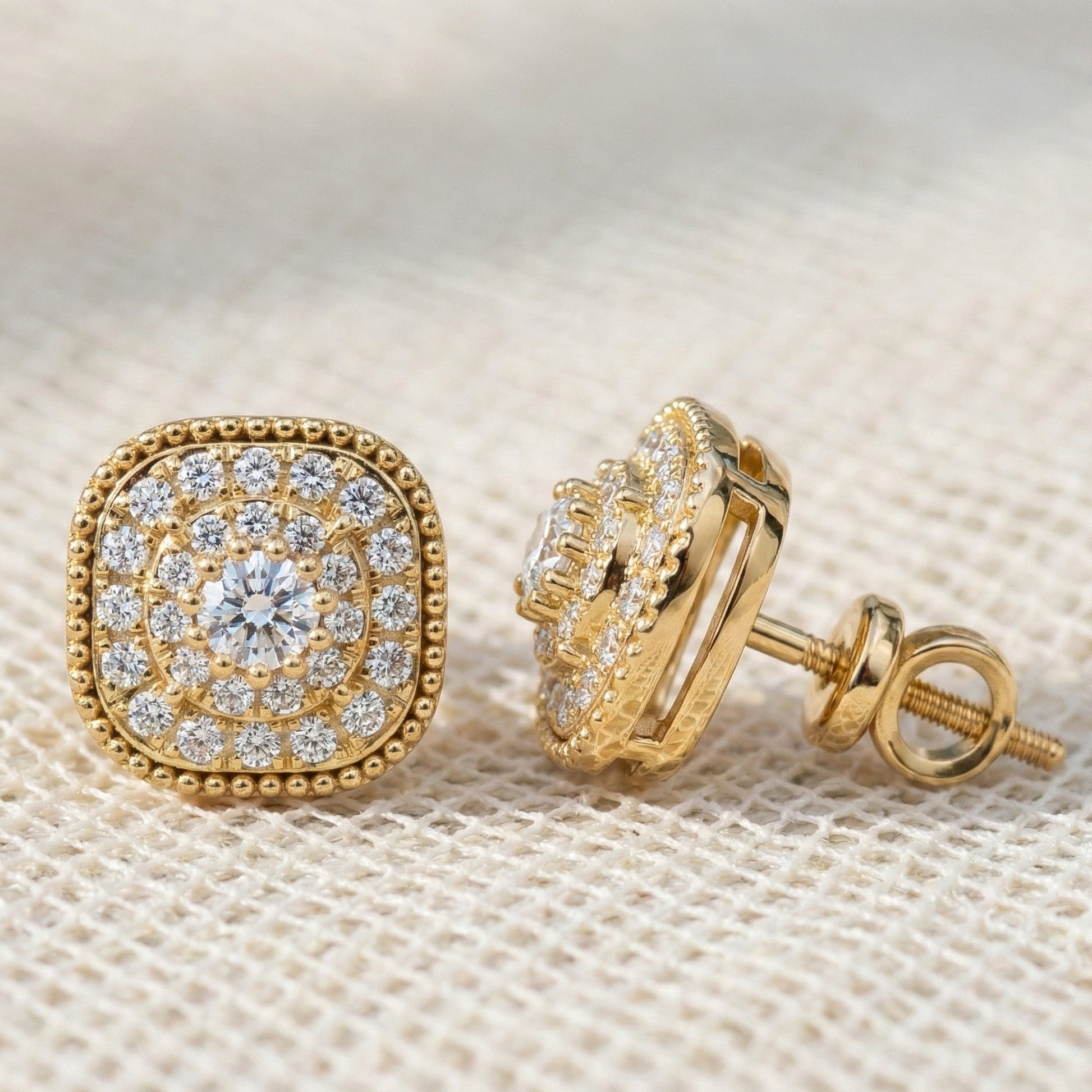 Vintage Cushion Halo Double Layer Cluster Wedding Earrings in Lab Grown Diamond - 14k Solid Gold, Milgrain Earrings for Women, Everyday Jewelry