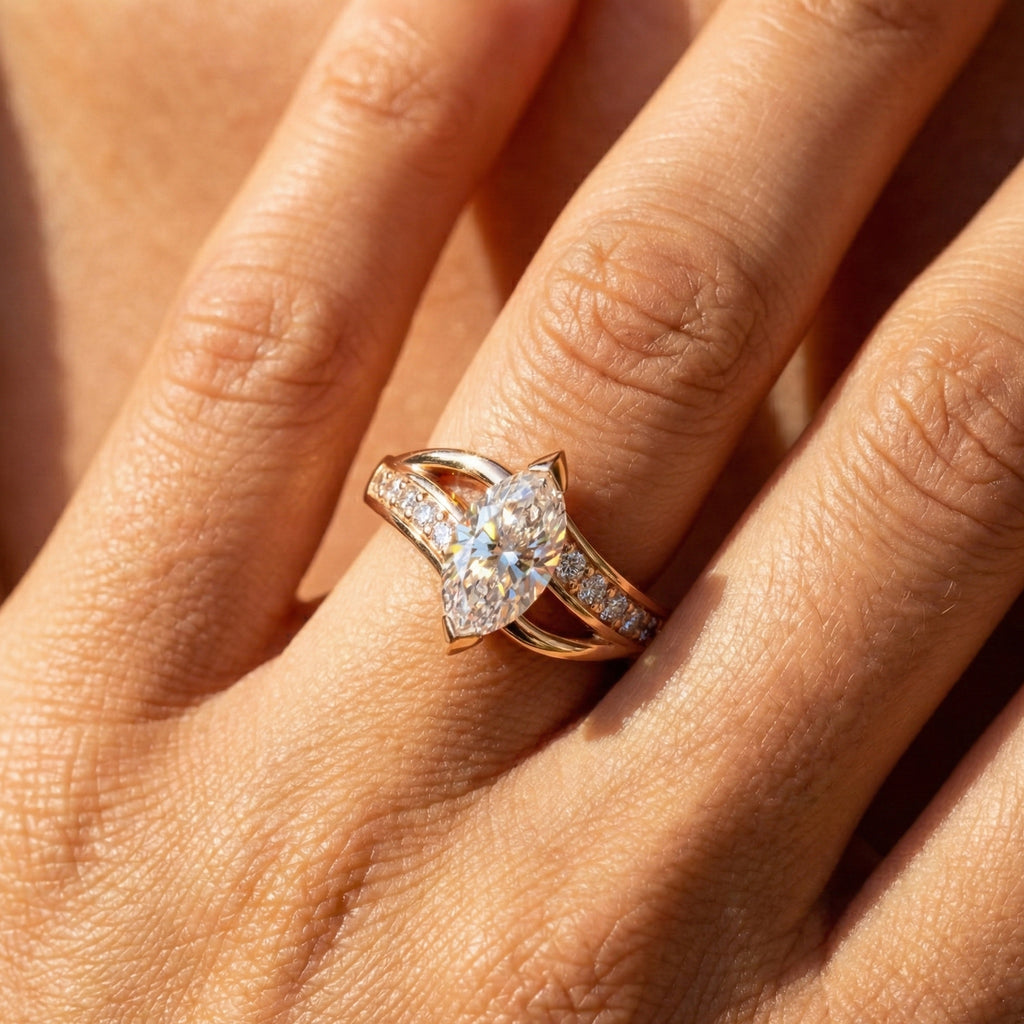 Marquise Split Shank Pave Engagement Ring in 14k Solid Gold, 0.43 TCW Marquise/Round Cut Sculpted Twist Unique Ring, Everyday Gift for Women