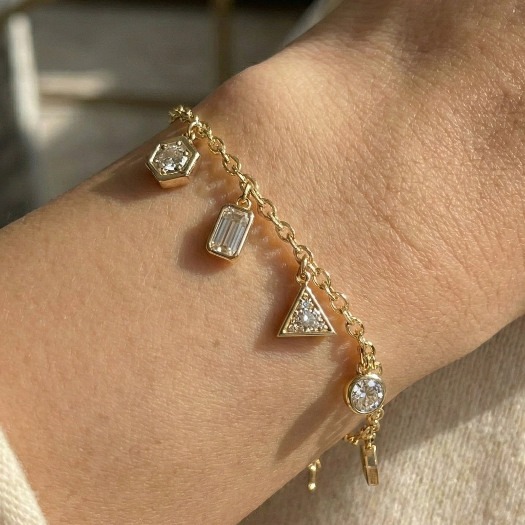 Geometric Crystal Charm Drop Chain Bracelet in 14K Solid Gold, 1.70 TCW Multi Shaped Lab Grown Diamonds, Unique Dainty Bracelet, Wedding Gift for Her, Minimalist Bracelet