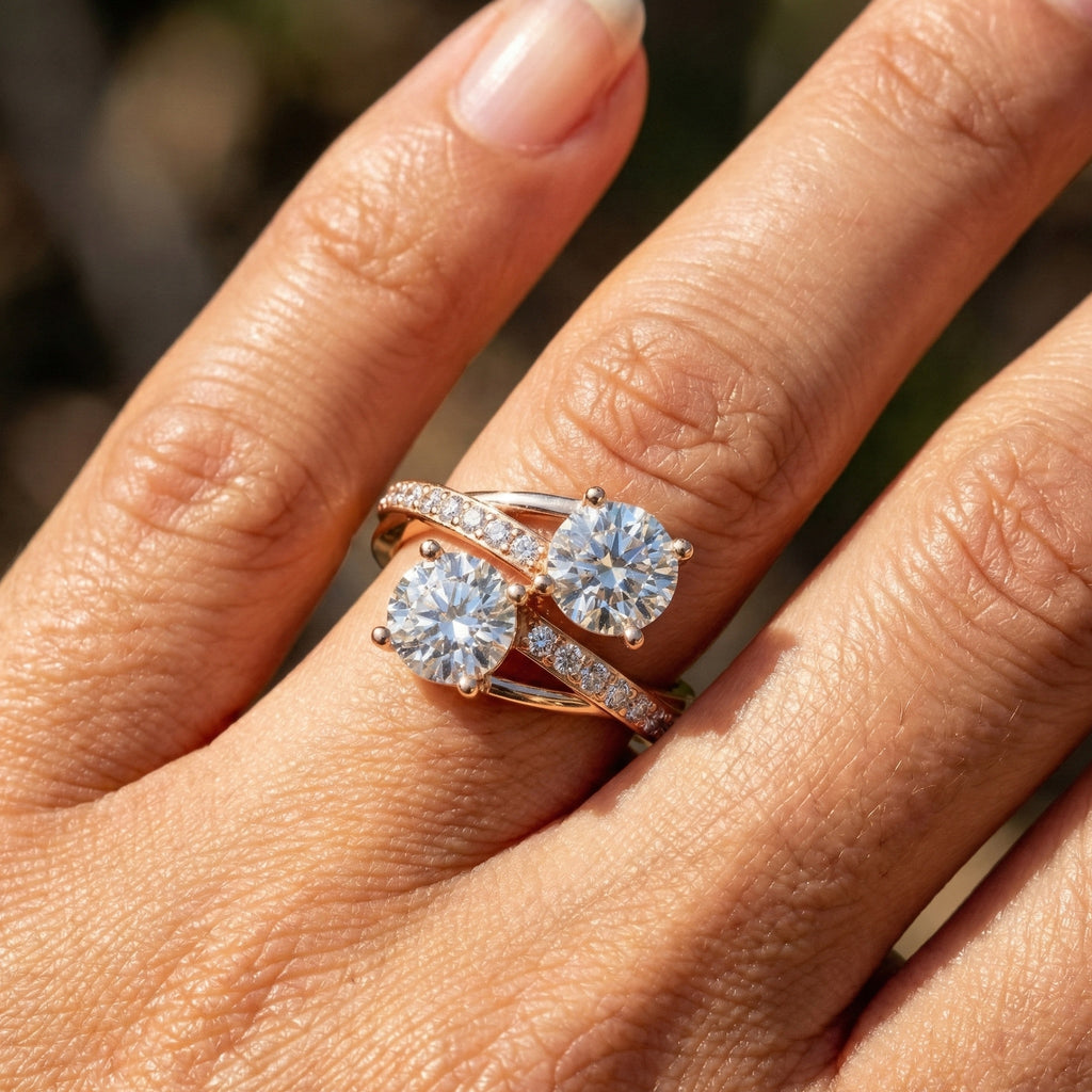 Twisted Pavé Double Stone Engagement Ring in 14K Solid Gold, Anniversary Gift for Wife, Modern Elegant Twisted Bypass Ring