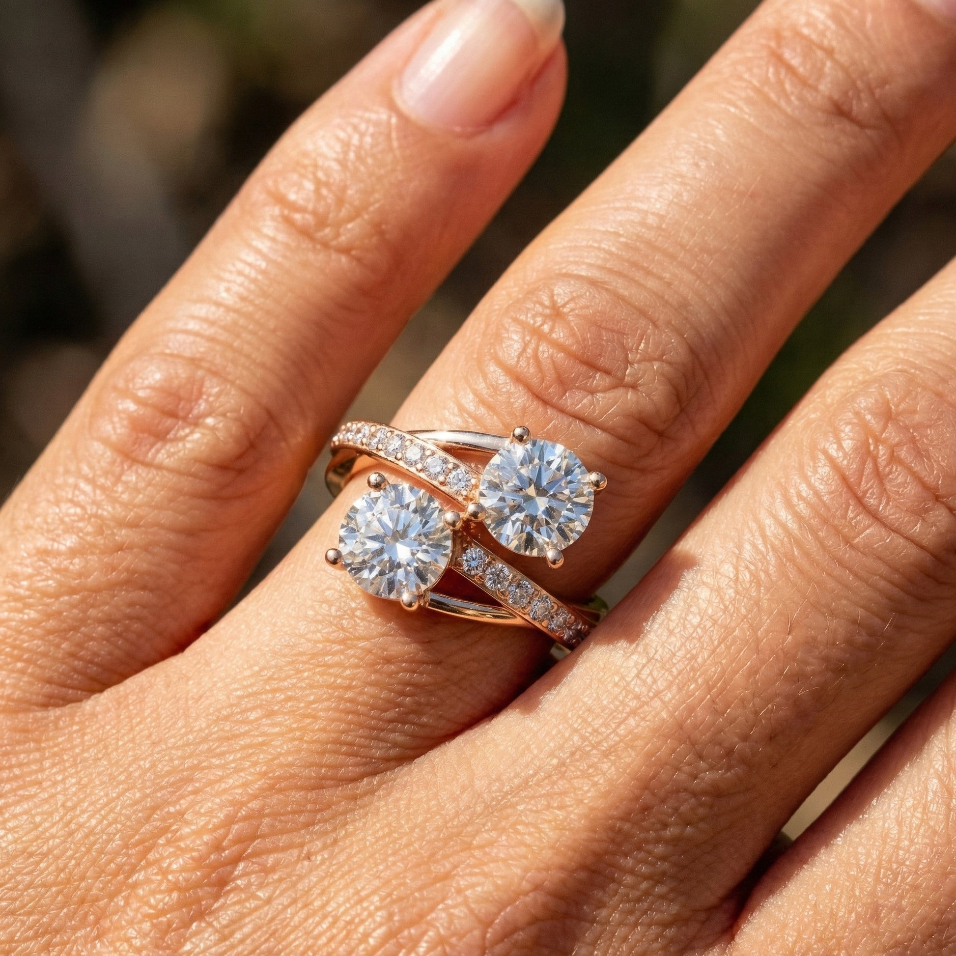 Twisted Pavé Double Stone Engagement Ring in 14K Solid Gold, Anniversary Gift for Wife, Modern Elegant Twisted Bypass Ring